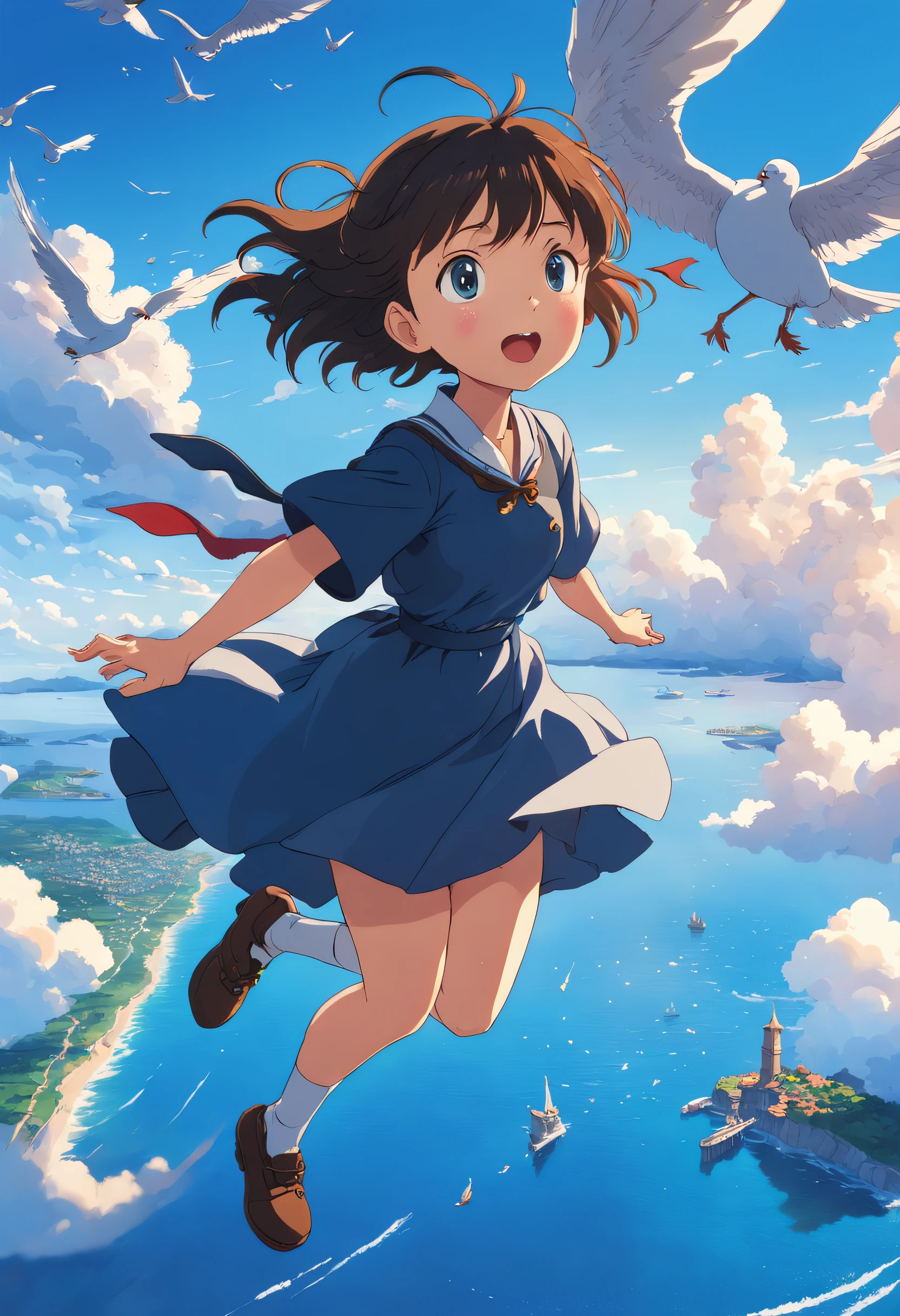 masterpiece, birdview, best quality, movie still, 1girl ride on a broom flying on the sky, seagull, below is blue sea and island, kikis delivery service, miyazaki's animated film, ghibli anime, cloud floating in the sky, blue sky, close-up, bright, happy, warm soft lighting, sunrise, (sparks:0.7), Ultra-Wide Angle, 8k, super detail, ccurate, best quality