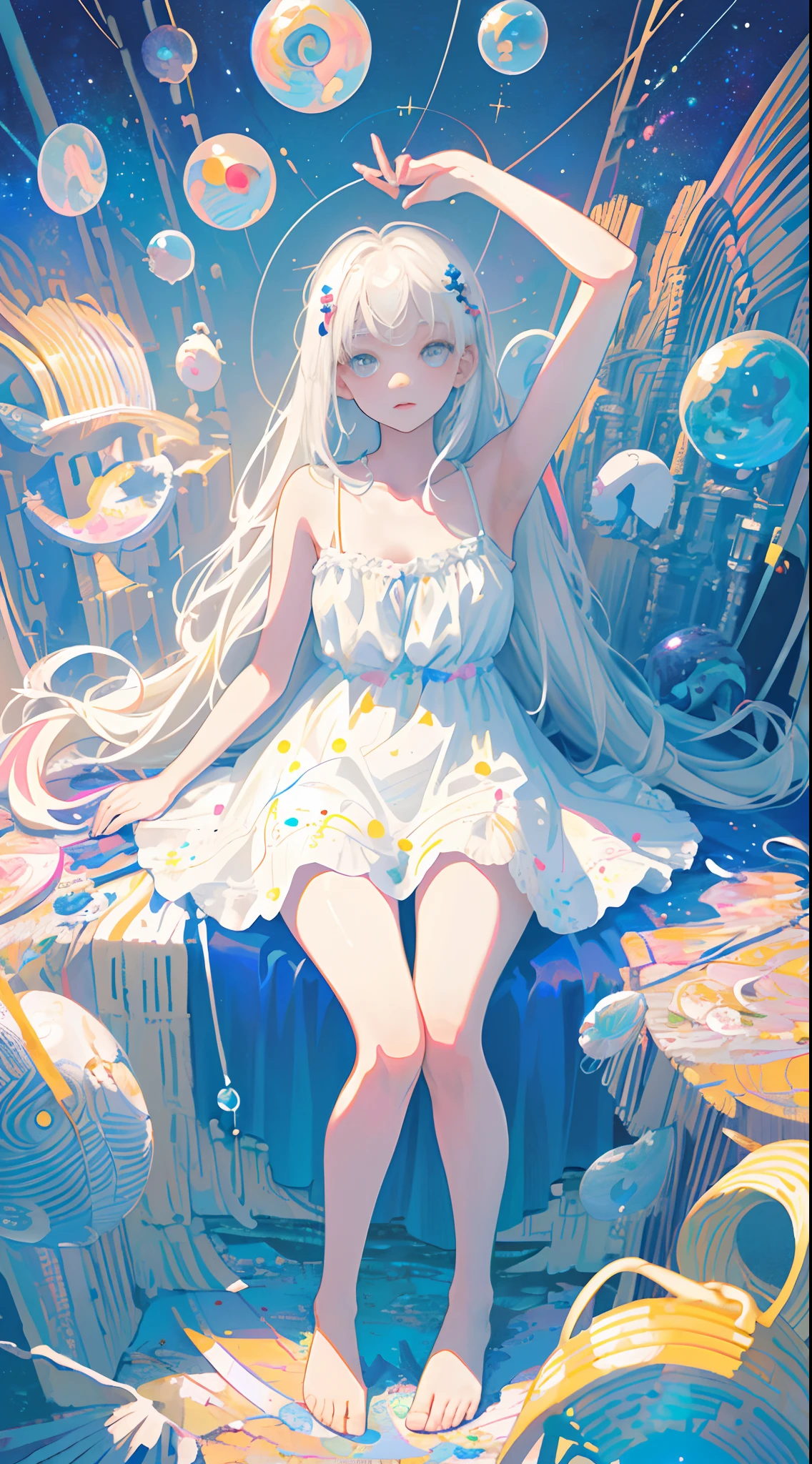 (Masterpiece, Best quality:1.2), (Ultra detailed),(illustration), the wallpaper, Original,
1girll, Messy white hair, spaghetti straps, White dress, Bare legs, Bare feet, Bare arms, space, Earth background, Near-Earth orbit, full bodyesbian,
,(Surrounded by colorful splashes and dots),colorful bubble,(Shining)