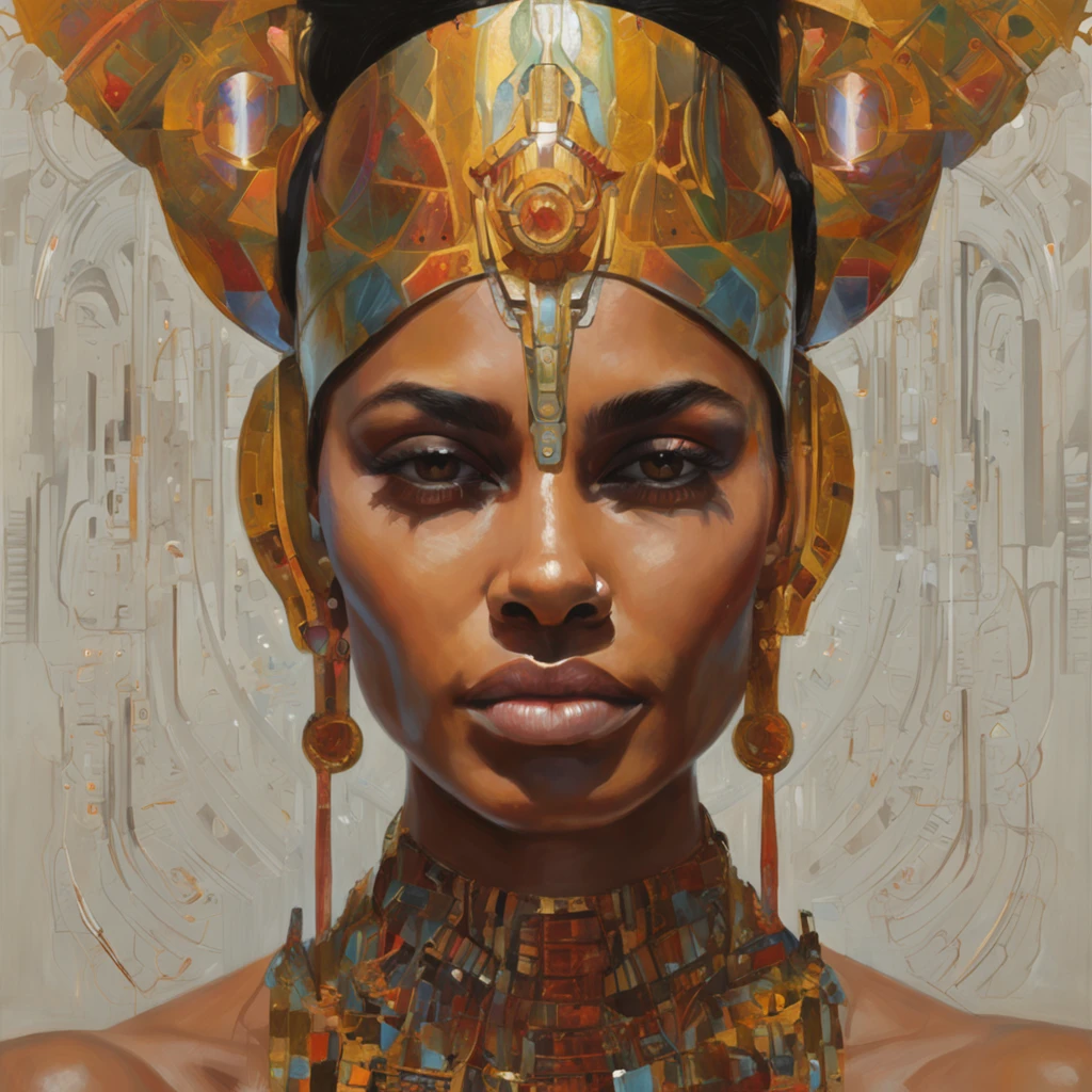futuristic indigenous futurism,actress priyanka chopra as An advanced cybernetic cyborg indian Hindu goddesses of war, sensuality,artistic details,cyberpunk hindu mythology,epic sci-fi fantasy, centered,in the style of Nick Alm fantastical futuristic fantasy compositions, dark prism, dark, metallic compositions, symmetrical arrangements, iridescent metallic colors , distinctive noses, ethereal,blood splatter colorful, eye-catching metallic compositions, symmetrical geometry, distinctive noses, gothic references, with a bold lines and streaks of black,white,red, gold and silver, fantasy sci-fi art, a detailed painting, ,Alex Alemany merge Karol Bak