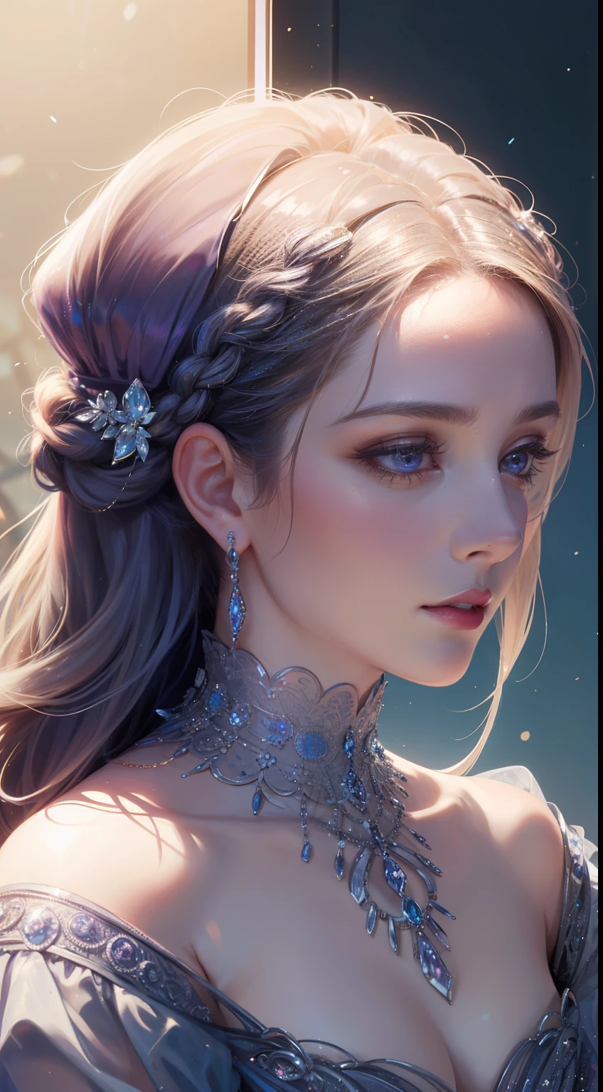 tmasterpiece,Highest high resolution,Dynamic bust of beautiful aristocratic maiden,Braided hair coiled around the hair,Blue-purple clear eyes,The hair is covered with beautiful and delicate floral craftsmanship, Crystal jewelry filigree,Ultra-detailed details,upscaled。