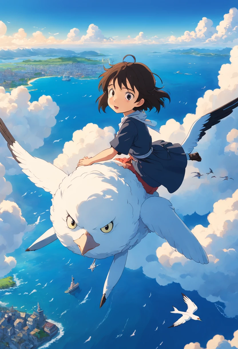 masterpiece, birdview, best quality, movie still, 1girl ride on a cloud on the sky, seagull, below is blue sea and island, kikis delivery service, miyazaki's animated film, ghibli anime, cloud floating in the sky, blue sky, close-up, bright, happy, warm soft lighting, sunrise, (sparks:0.7), Ultra-Wide Angle, 8k, super detail, ccurate, best quality