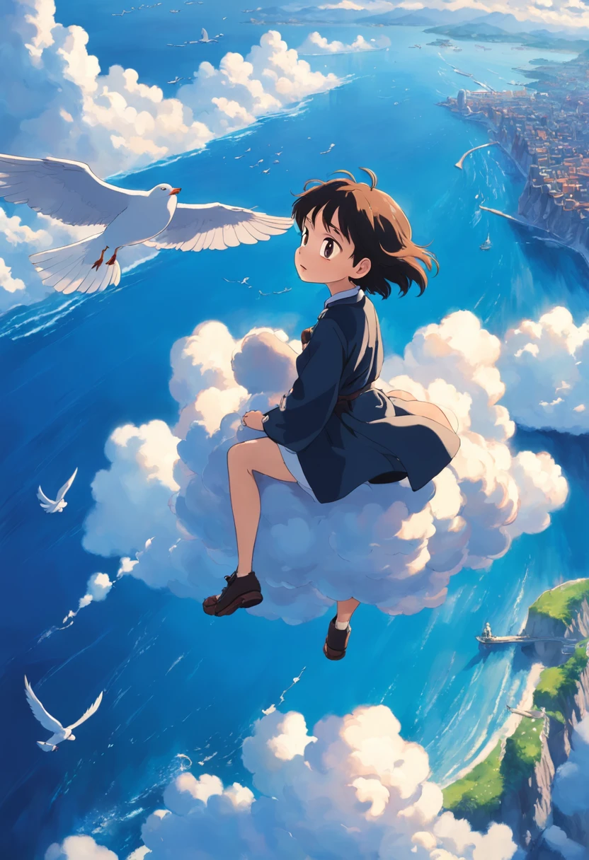 masterpiece, birdview, best quality, movie still, 1girl ride on a cloud on the sky, seagull, below is blue sea and island, kikis delivery service, miyazaki's animated film, ghibli anime, cloud floating in the sky, blue sky, close-up, bright, happy, warm soft lighting, sunrise, (sparks:0.7), Ultra-Wide Angle, 8k, super detail, ccurate, best quality