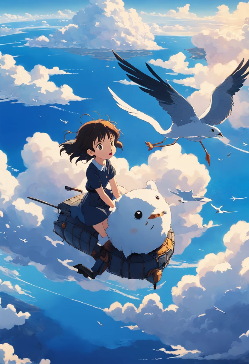 masterpiece, birdview, best quality, movie still, 1girl ride on a cloud on the sky, seagull, below is blue sea and island, kikis delivery service, miyazaki's animated film, ghibli anime, cloud floating in the sky, blue sky, close-up, bright, happy, warm soft lighting, sunrise, (sparks:0.7), Ultra-Wide Angle, 8k, super detail, ccurate, best quality