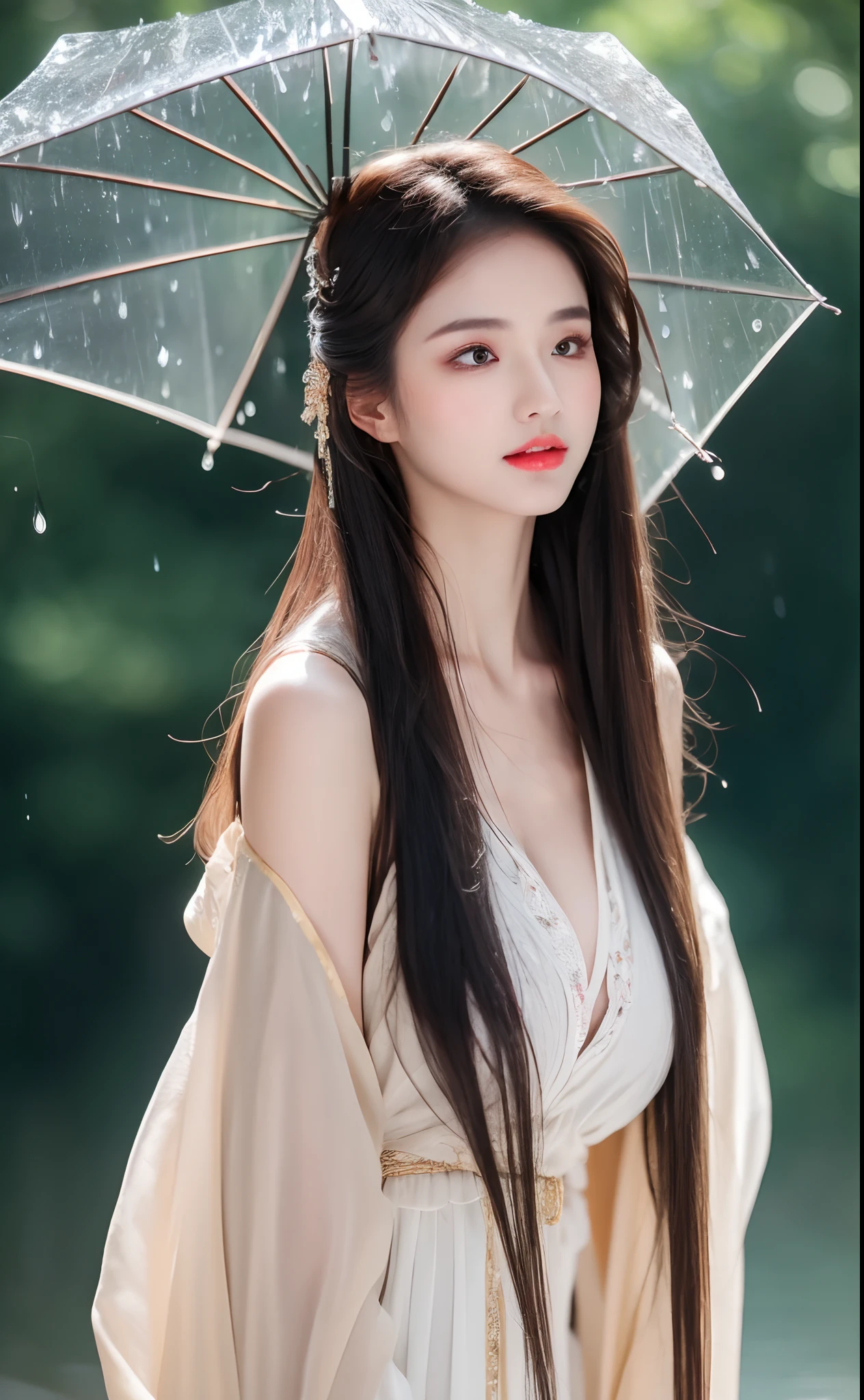 ((Best Quality, 8k, Masterpiece: 1.3)), Focus: 1.2, Perfect Body Beauty: 1.4, Buttocks: 1.2, ((Layered Haircut)), (Wet Clothes: 1.1), (Rain, Street:1.3), (Breasts: 1.2), (Hanfu: 1.2), Bare Shoulders, Bare Legs, Highly Detailed Face and Skin Texture, Fine Eyes, Double Eyelids, Whitened Skin, Long Hair, (Shut Up: 1.5), (Bokeh Background: 1.5), Big Breasts