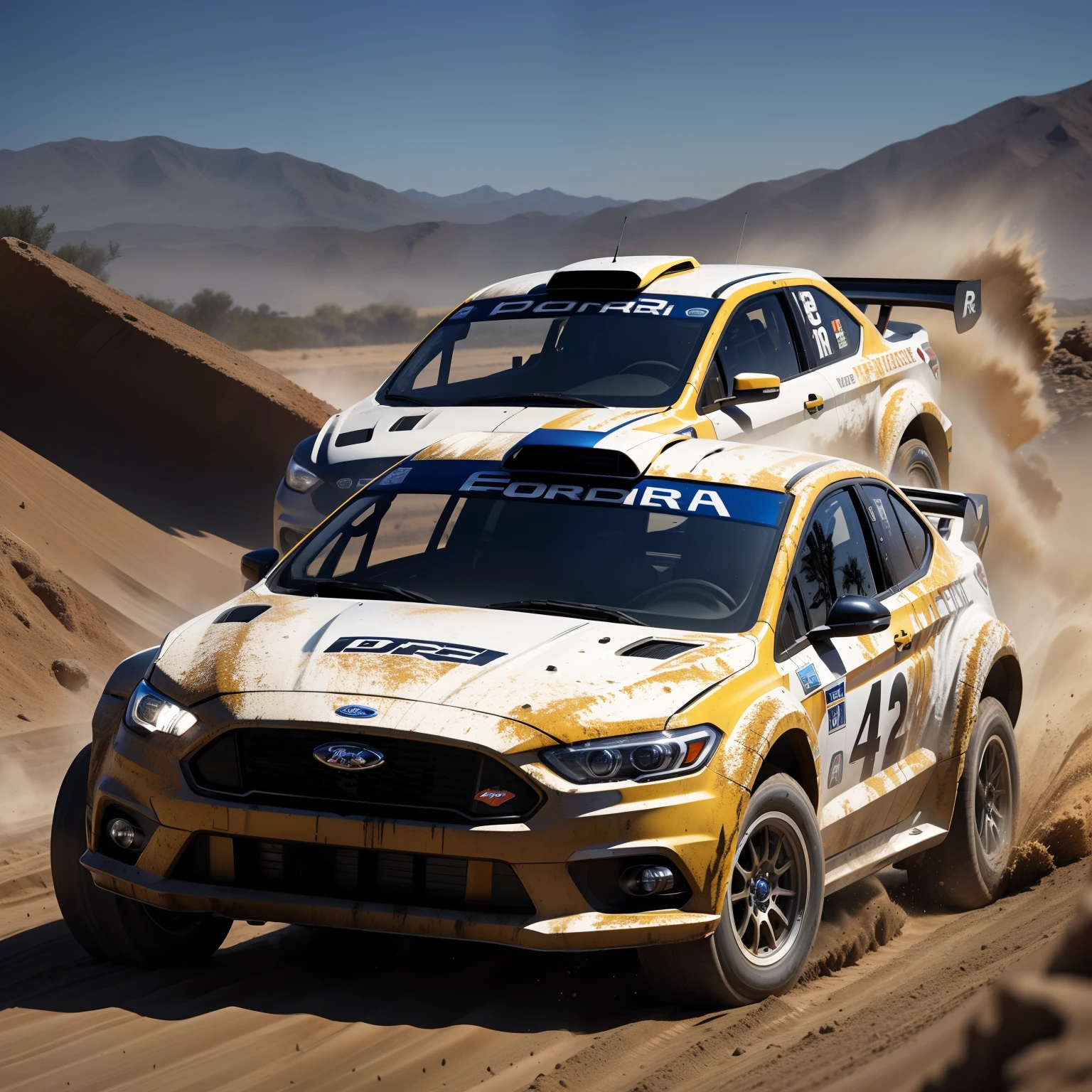 Ford Rally configuration, Intense action, adrenalinefilled, Mud splashes, High-speed stimulation, Rally cars fly in the dirt, Powerful engine roar, Precise operation, Dynamic angles, dust cloud, Sharp, A race against time."