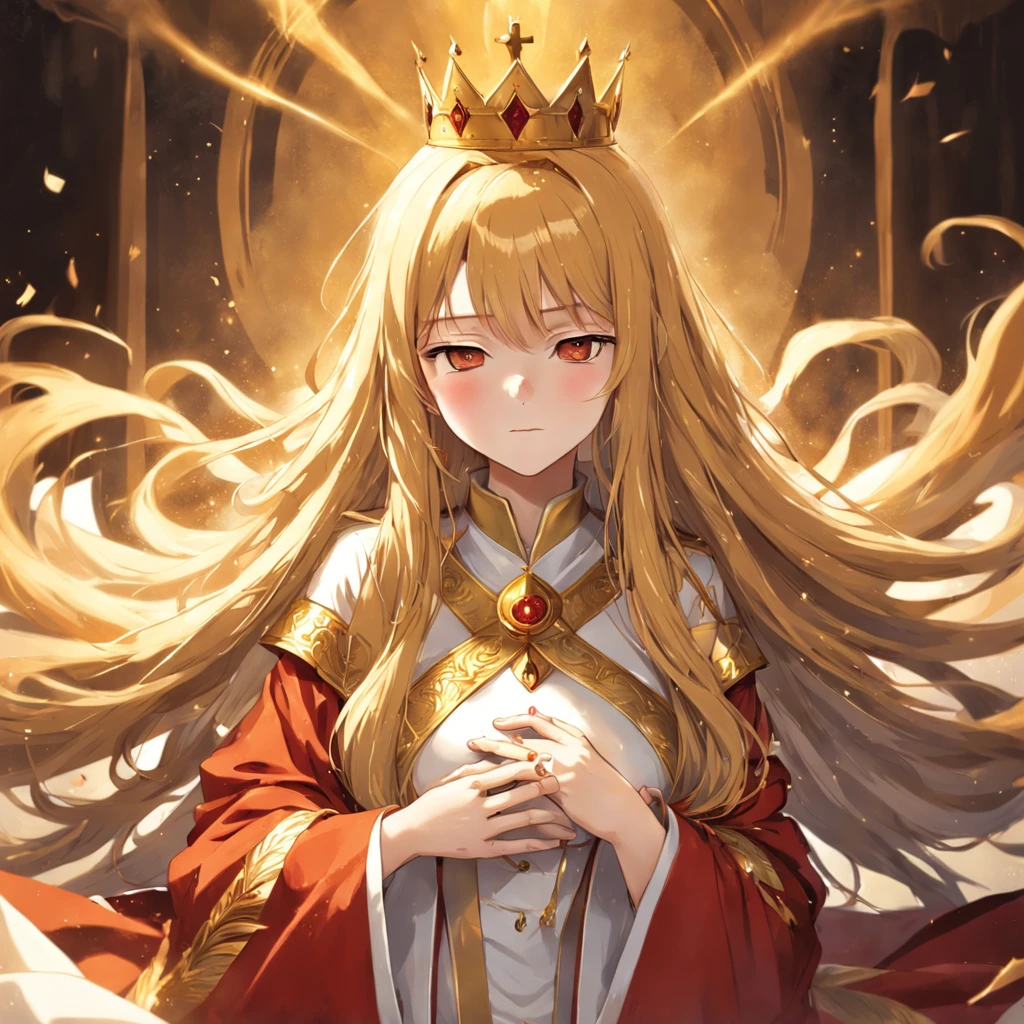 The female pope wears a golden crown and a phoenix robe, She is surounded by a dazling display long golden hair, nice hands, gold hair, 1 girl, sleeping on bed closed eyes, big breasts, perfect face, long hair, red hair ribbon, long sleeves, brown gloves,pregnant belly