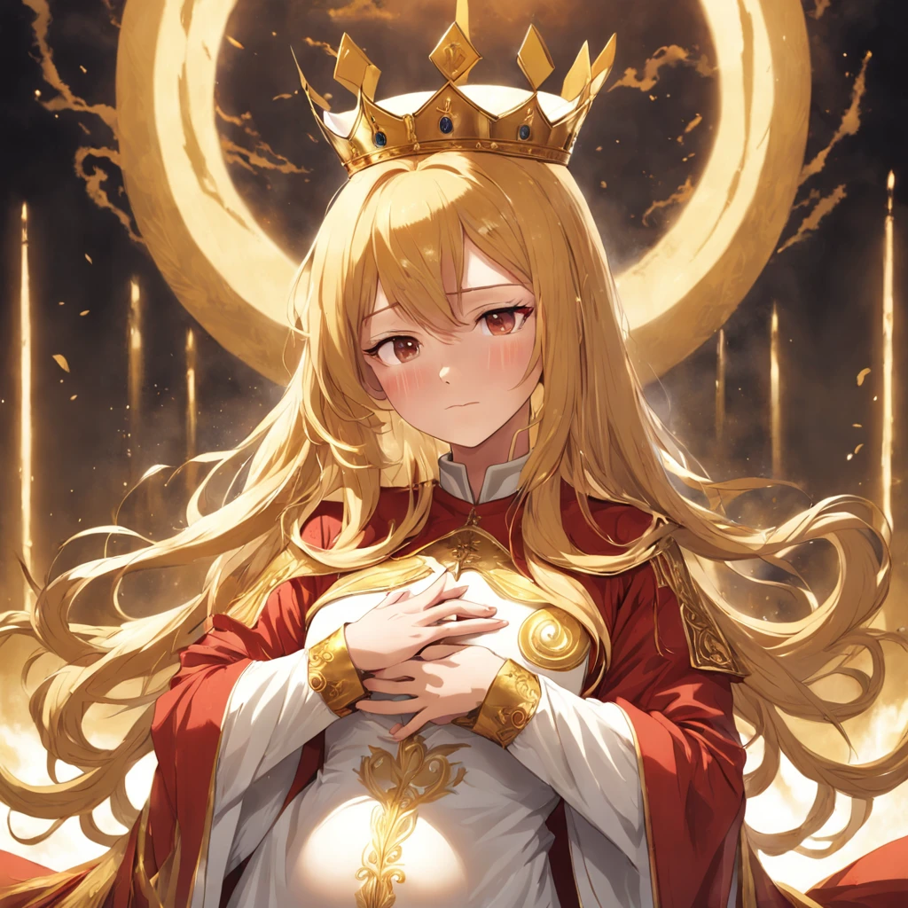 The female pope wears a golden crown and a phoenix robe, She is surounded by a dazling display long golden hair, nice hands, gold hair, 1 girl, sleeping on bed closed eyes, big breasts, perfect face, long hair, red hair ribbon, long sleeves, brown gloves,pregnant belly