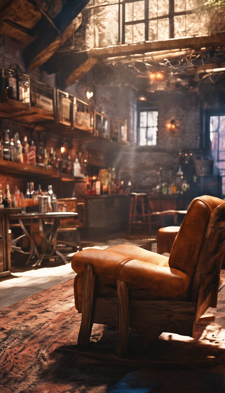 A group of friends having fun in a barbershop, sitting in rustic wooden waiting chairs, talking and having drinks, rustic colors.