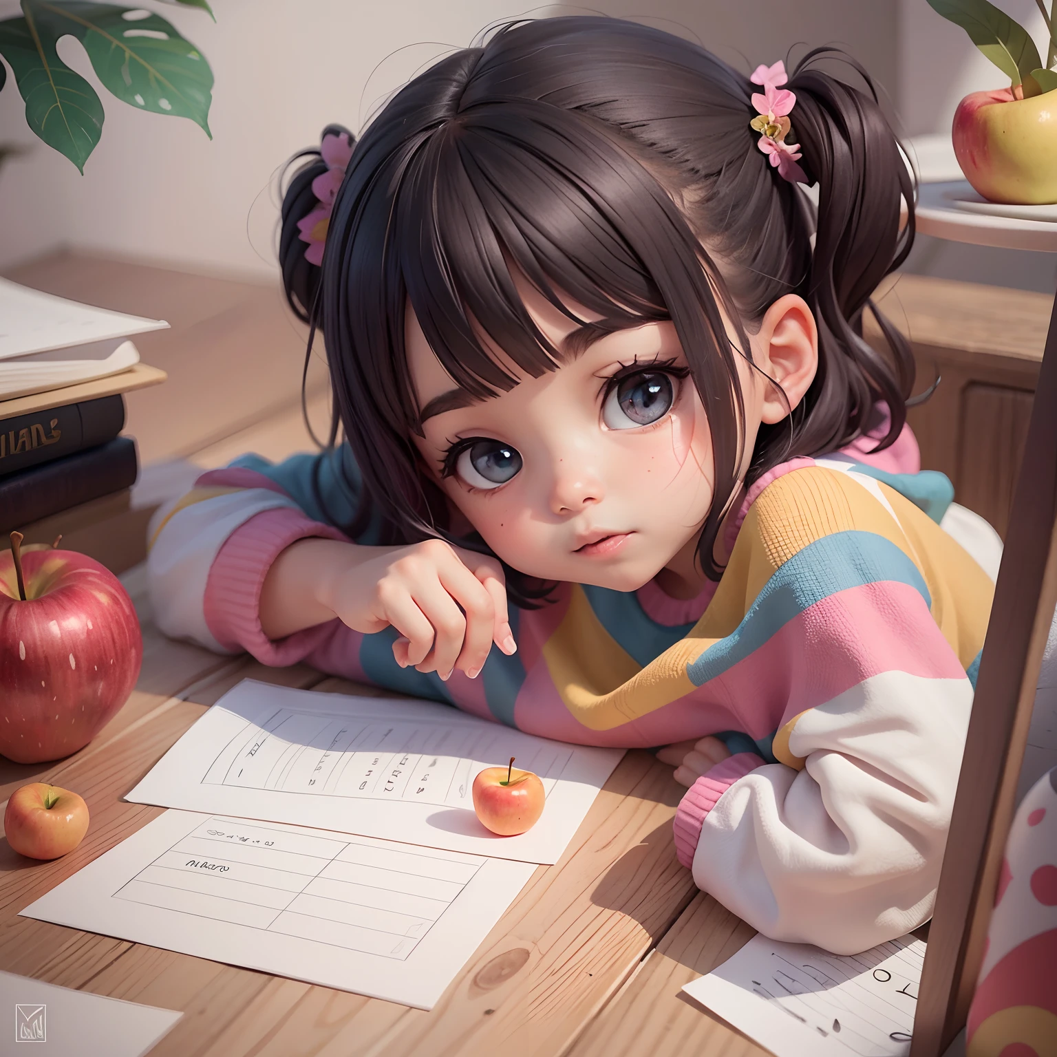 Uma menina encantadora, , com longos cabelos pretos e expressivos olhos negros, em seu quarto, muito feminino, sobre uma mesa, desenho, an apple on paper, na mesa elementos de papelaria, ambiente infantil com cores pastel, tudo muito delicado