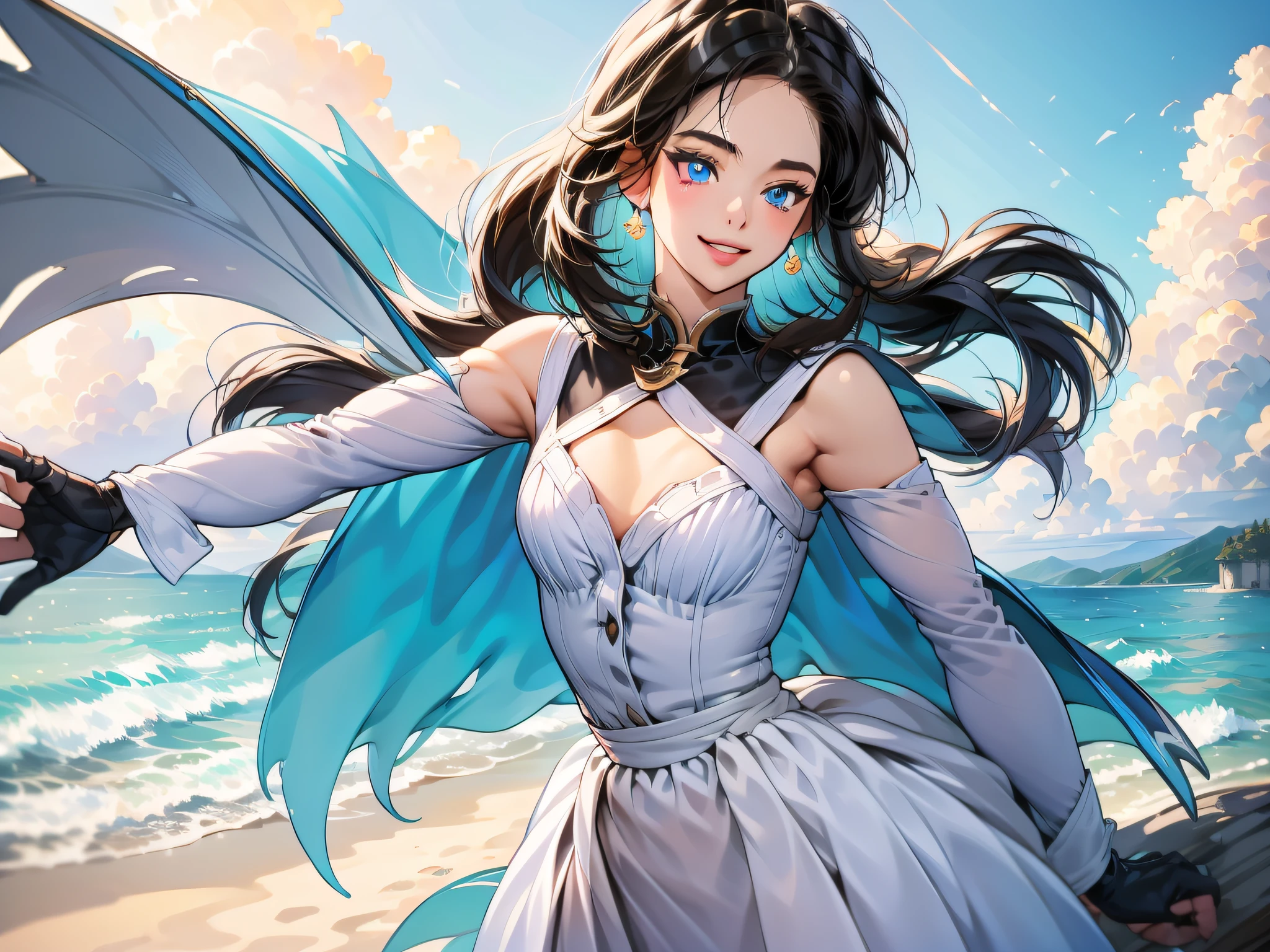 masterpiece、top-quality、absurderes、perfect anatomia、1girl in、breastsout、gloves、s lips、独奏、 Sailor Mercury,blue eyess,SM Uniform,mer1,tiarra,Sailor Senshi Uniform,masterpiece,absurderes,cowboy shot,Dynamic posture, plein air, sity, 1girl in,