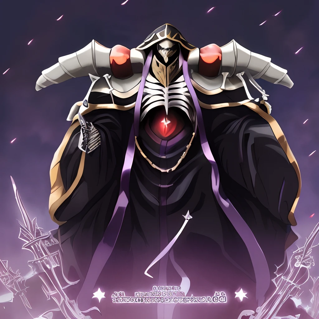 personagem de anime com uma capa preta e um olho vermelho, Ainz Ooal gown, de Overlord, Overlord!!!,(Noite:1.7), no castelo escuro, Purple sky, chuva de cerejeiras, Magical Circle, medieval, action:standing in front of a circle_magica, trappings:shoulder_armor,armadura, capa, manto, sorriso, capuz, hooded_up, hooded_cloak, king_hassan_\(destino\), male_focus, WMASK, esqueleto, caveira, black_armor, capa, fake_horns, glowing_red_eyes, The character:Role locking: a skeleton with a helmet and a sword in his hand and a helmet on his head and a sword in his hand, 1boy, brilhando, olhos_brilhantes, capuz, olhando_para_o_visualizador, foco_macho, olhos_vermelhos, skull, solo, dentes, upper_body a skeleton in a skeleton costume holding a sword and a skull on a crown in a stadium with a stadium in the background, armadura,Quality: arte oficial, papel de parede 8k de unidade CG extremamente detalhado, perfect lighting,Colorido, Bright_Front_face_Lighting, (obra-prima: 1.0),(best_quality:1.0), ultra high res,4K,ultra-detailed, photography, 8K, HDR, highres, absurdes:1.2, Kodak portra 400, film grain, blurry background, bokeh:1.2, lens flare, (vibrant_color :1.2)