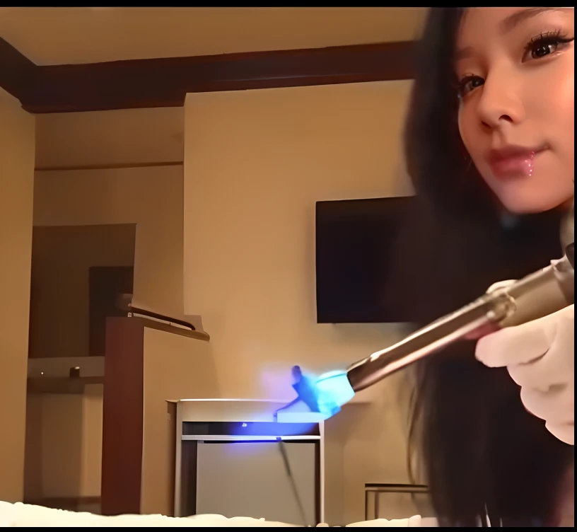 Close up portrait of a person in bed with a gun, with electric arc device, airbrushed, Sucking a soldering iron, youtube video screenshot, Blue lightsaber in hand, body full glowing vacuum tubes, Piercings resembling plasma jets, Plasma gun, airbrushed, she has a glow coming from her, With a magic needle, Lightning Arc Plasma