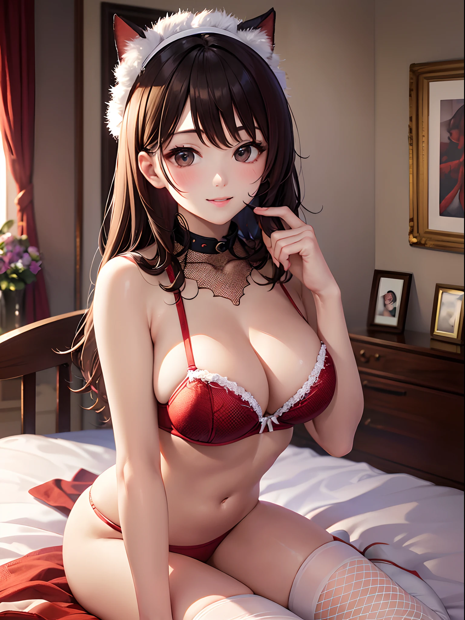 (top-quality: 1.3), (masterpiece: 1.3), (The ultra-detailliert: 1.3), (wall-paper, one girls: 1.1)、(Detailed hands and fingers:1.2)、(Detailed ultra-oily shiny skin:1.1)、oily shiny thighhigh、(Usami Band:1.1)、Red bra with white fur、Red panties with white fur、(Large mesh red fishnet stockings:1.3)、Collar、Brown hair、ssmile、(Beautiful Large Breasts:1.3)、straight haired、Beautiful sister、sexypose、Love hotel rooms、Luxury bed、Lying on the bed