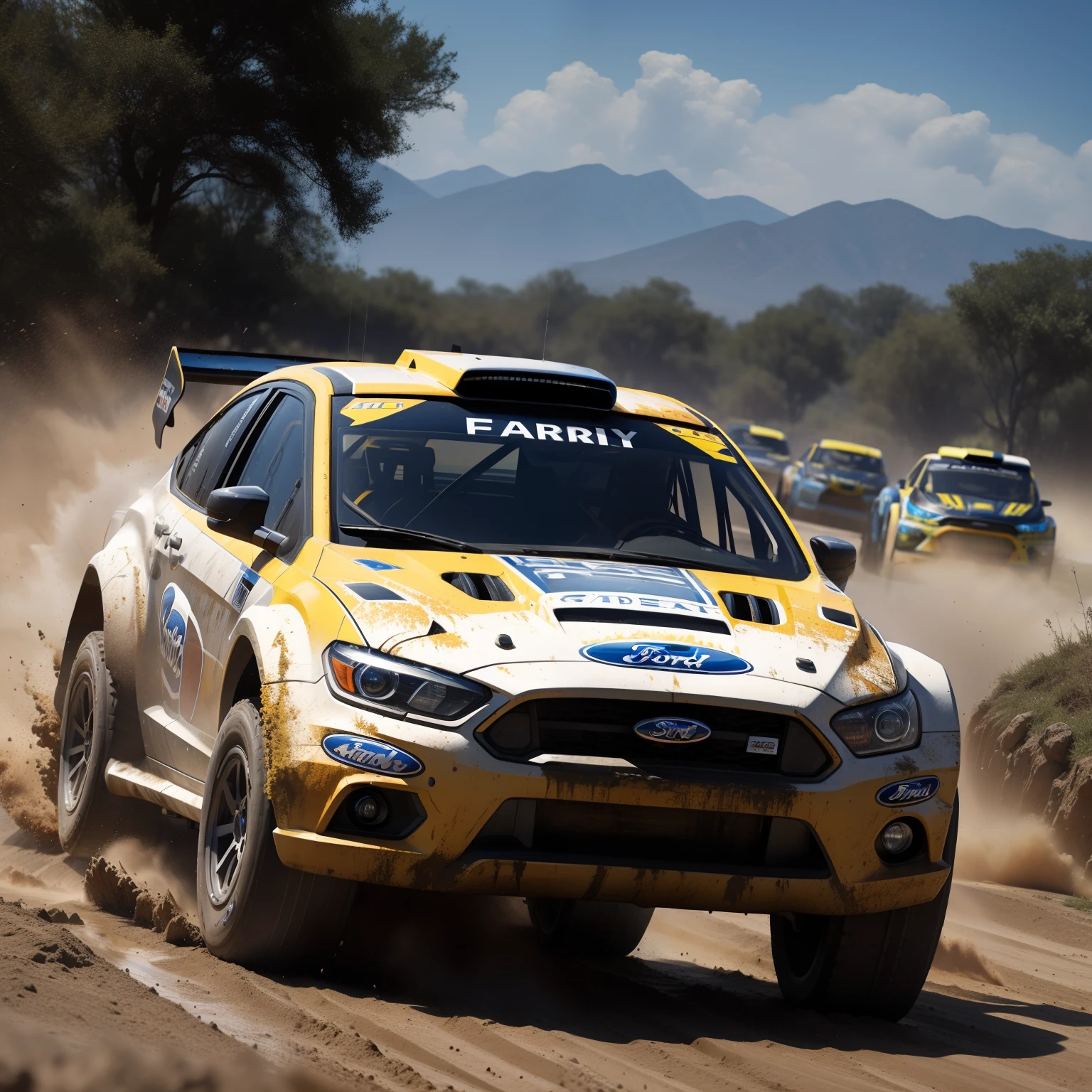 Ford Rally configuration, Intense action, adrenalinefilled, Mud splashes, High-speed stimulation, Rally cars fly in the dirt, Powerful engine roar, Precise operation, Dynamic angles, dust cloud, Sharp, A race against time."