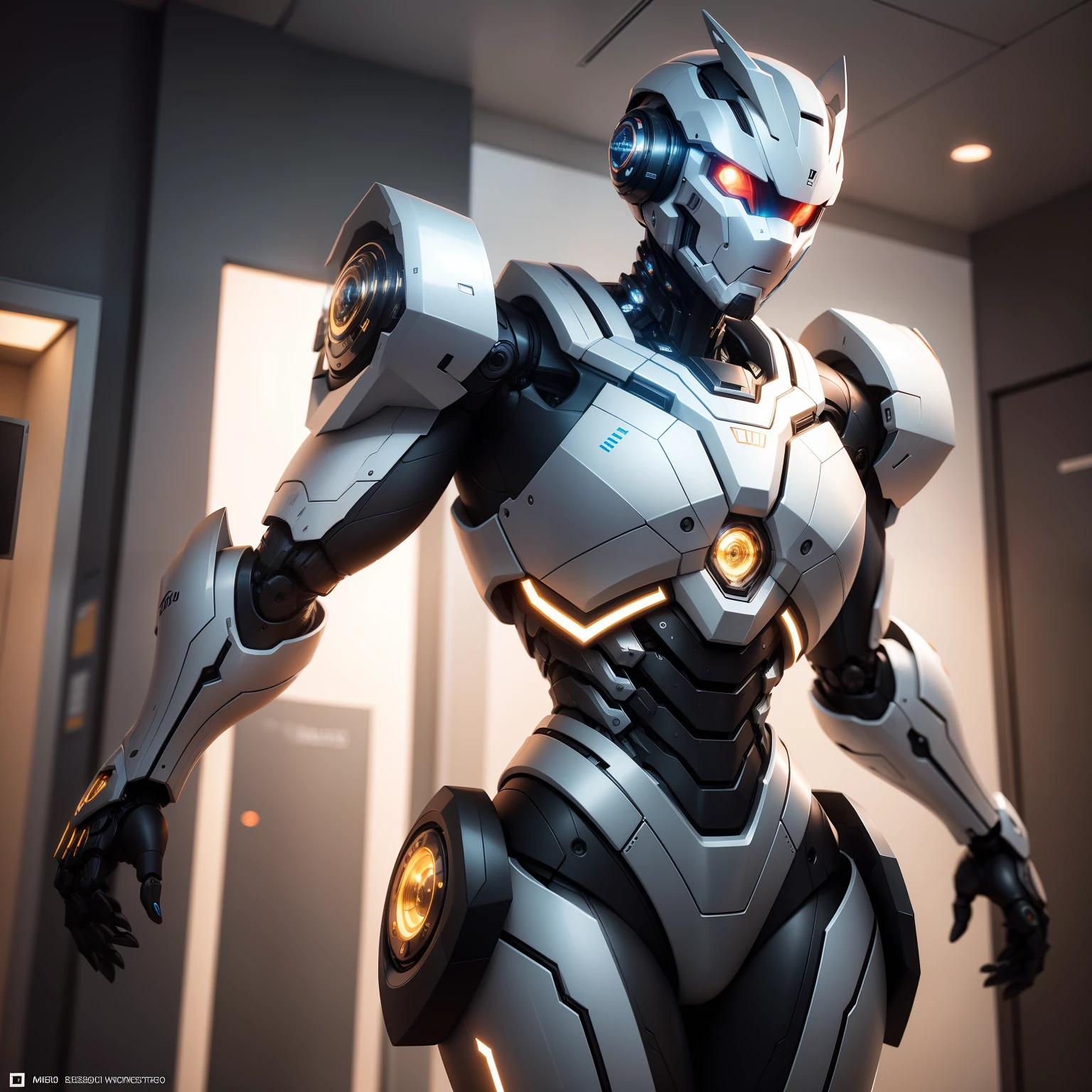 "Robot with an amazing look in a detailed and realistic environment. Detalhes impressionantes, qualidade excepcional. Show off the strength and elegance of this modern robot in a dynamic and exciting scene. Destaque os detalhes do seu design futurista, with metallic tones and bright lights. Surprise with a balanced composition and an interesting angle. Show off your skill in creating this robotic art masterpiece.+"