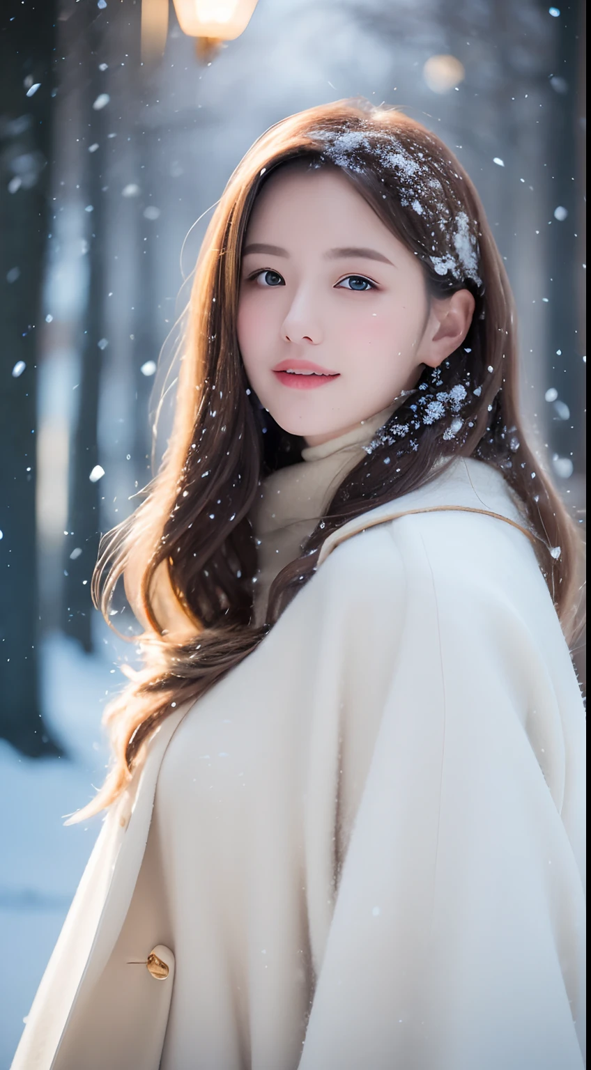 ((best qualtiy, 8K, tmasterpiece:1.3)), Focus:1.2, perfect figure beautiful woman:1.4, Cocked buttocks:1.2, ((long whitr hair)), (Wool cloak:1.1) , (Falling snow, street,stop,copse,snow cover:1.3),Lace aristocratic red ta costume:1.1, Highly detailed facial and skin texture, A detailed eye, 二重まぶた,Whiten skin,ssmile,huge tit,Cinematic lighting,Detailed details,Real hair and skin,