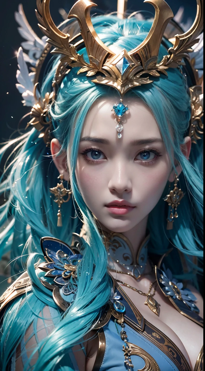 a close up of a woman with blue hair and a sword, concept art inspired by Lü Ji, trending on cg society, fantasy art, game cg, a beautiful fantasy empress, alluring princess knight, cinematic goddess close shot, portrait knights of zodiac girl, extremely detailed goddess shot, cinematic goddess shot, ((a beautiful fantasy empress)), biblical female, best quality, masterpiece, high_res, 1girl, hair ornament, necklace, jewelry, Beautiful face, photo realistic, rim lighting, (high detailed skin:1.2), 8k uhd, dslr, soft lighting, high quality, volumetric lighting, candid, Photograph, high resolution, 4k, 8k, medium breasts, absurdres, ponytail contorted, best ratio four finger and one thumb, (Rosy Zhao 赵露思:0.9),