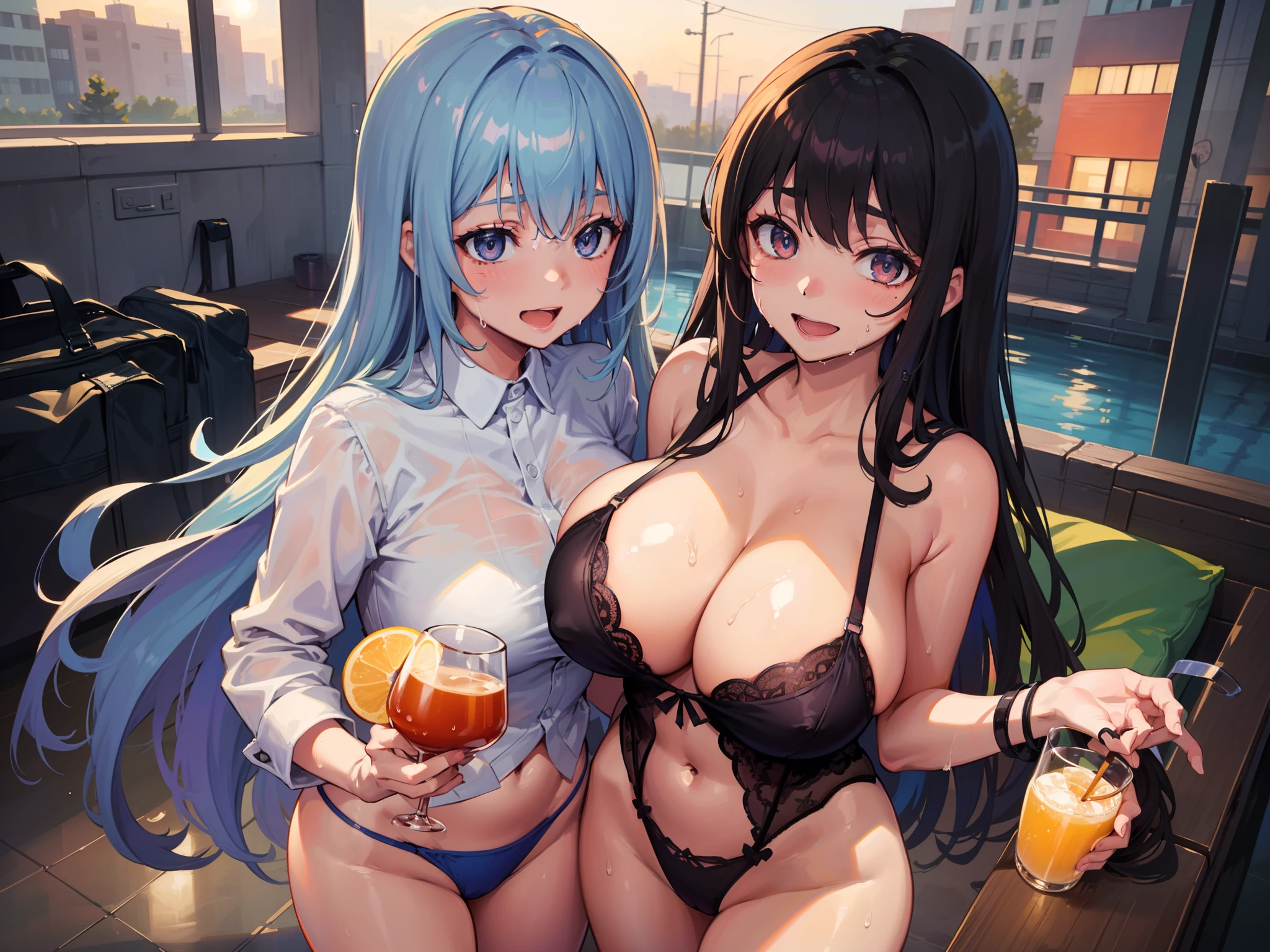 (masterpiece, best quality:1.3), 3 womans, large breasts, micro tasset lingerie, female idol girls, cuddle couple, drinking, many hair styles, colored hair, colored eyes, smile, half-open mouth, pretentious face, standing, sweat, wet,