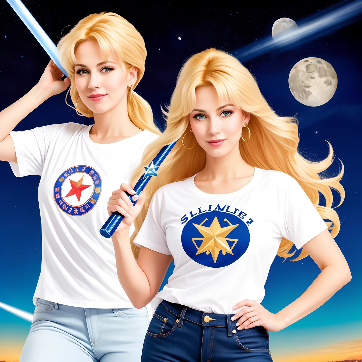 "(Mature and realistic depiction:1.2) Sailor Moon striking a confident pose with the Moon wand, her blonde hair flowing gracefully, wearing stylish blue jeans and a trendy t-shirt."