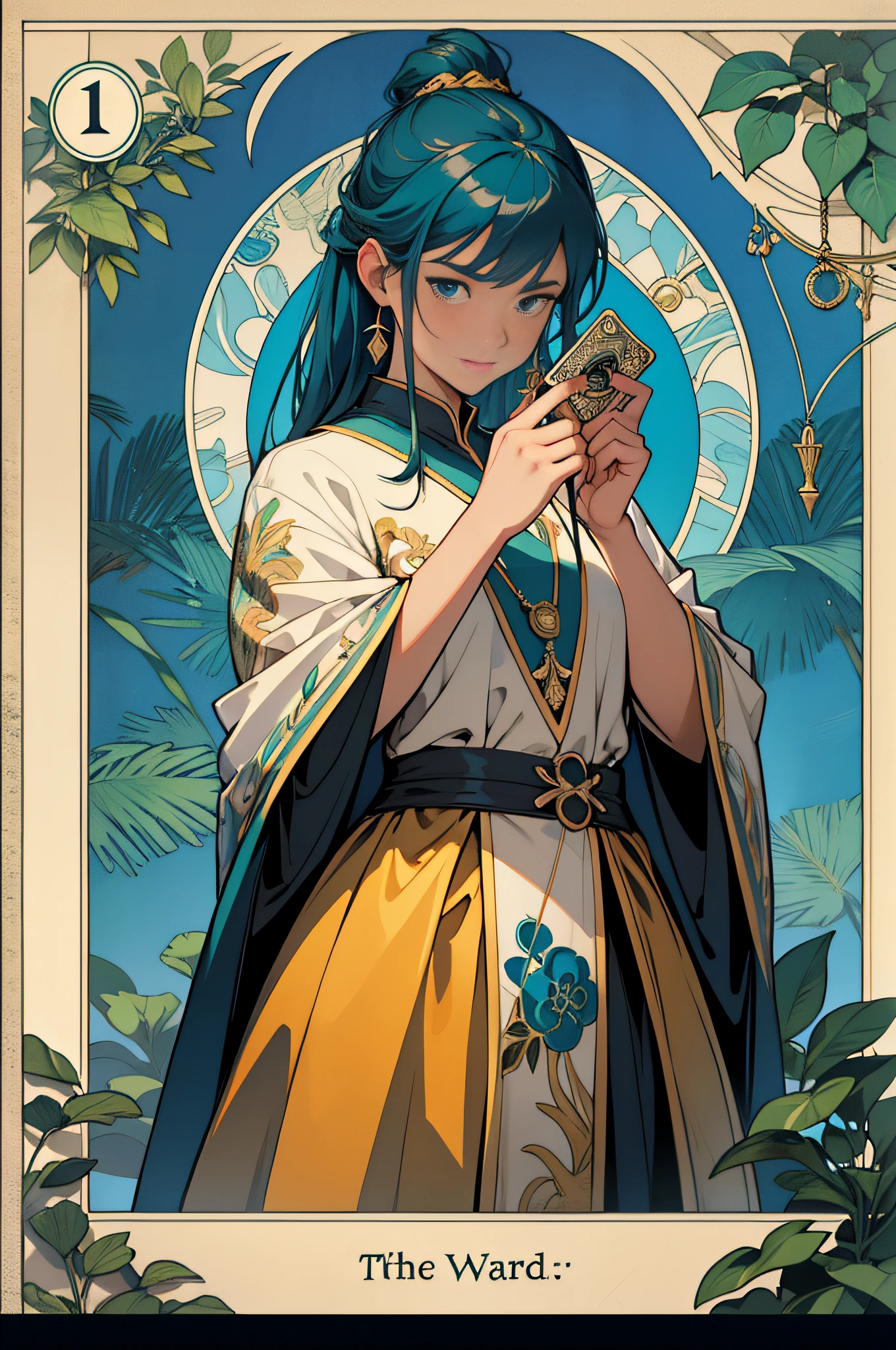 tarot cards，Full tarot border，（best images quality），(The image is surrounded by a tarot card-style border:1.5)，（8k wallpaper），（best images quality），（Extremely detailed description），tarot card art,tarot card art, tarot design, Male sideways，（Handheld spatula），beuaty girl，The most beautiful girl in the world，gardener，green shades，blue-sky，Bokeh background，gardening（Hold a sprinkler jug；2），quadratic element，2.5D，（hoang lap，A high resolution，hyper-detailing），Visual storytelling，capturing moments，historical records，social commentary，Powerful images，mosaic art，Small，Colorful inlays，Intricate patterns，Tile design，Durable surface，Time-honored technology，