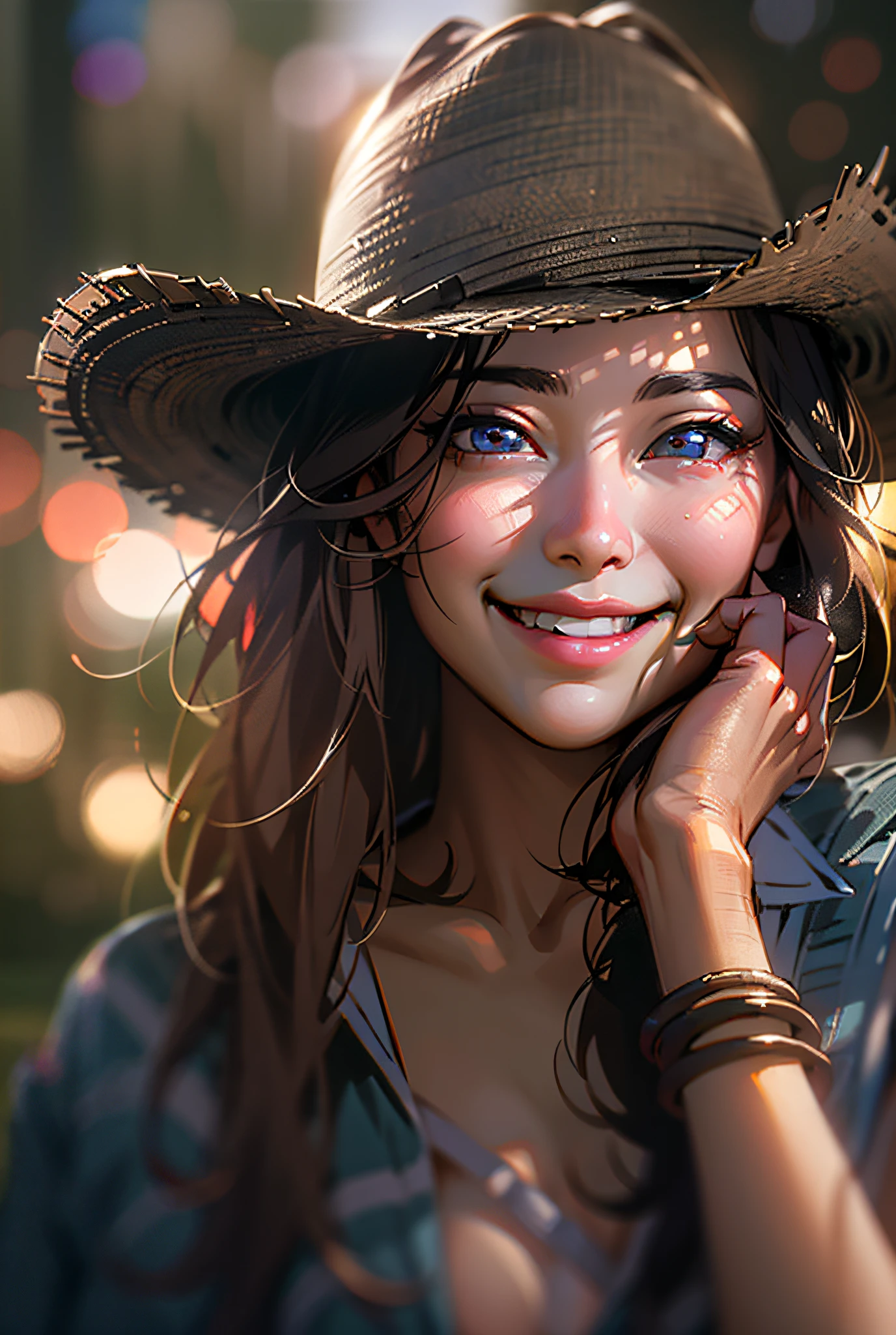 (Wangyi:0.9),Realistic, 8K, (Photorealistic:1.4), Beautiful eyes, Best Quality, Ultra-detailed, 1girl in, Smile, Photon mapping, Physically-based rendering, (((looking in camera))), Realistic, Solo, day, Glowing skin, (((Bokeh background))), (Gravure Pose),Cowboy style