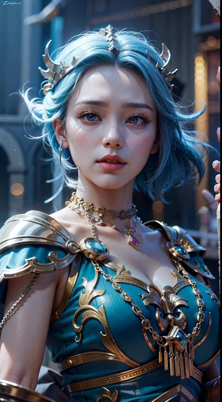 a close up of a woman with blue hair and a sword, concept art inspired by Lü Ji, trending on cg society, fantasy art, game cg, a beautiful fantasy empress, alluring princess knight, cinematic goddess close shot, portrait knights of zodiac girl, extremely detailed goddess shot, cinematic goddess shot, ((a beautiful fantasy empress)), biblical female, best quality, masterpiece, high_res, 1girl, hair ornament, necklace, jewelry, Beautiful face, photo realistic, rim lighting, (high detailed skin:1.2), 8k uhd, dslr, soft lighting, high quality, volumetric lighting, candid, Photograph, high resolution, 4k, 8k, medium breasts, absurdres, ponytail contorted, best ratio four finger and one thumb, (Rosy Zhao 赵露思:0.9),