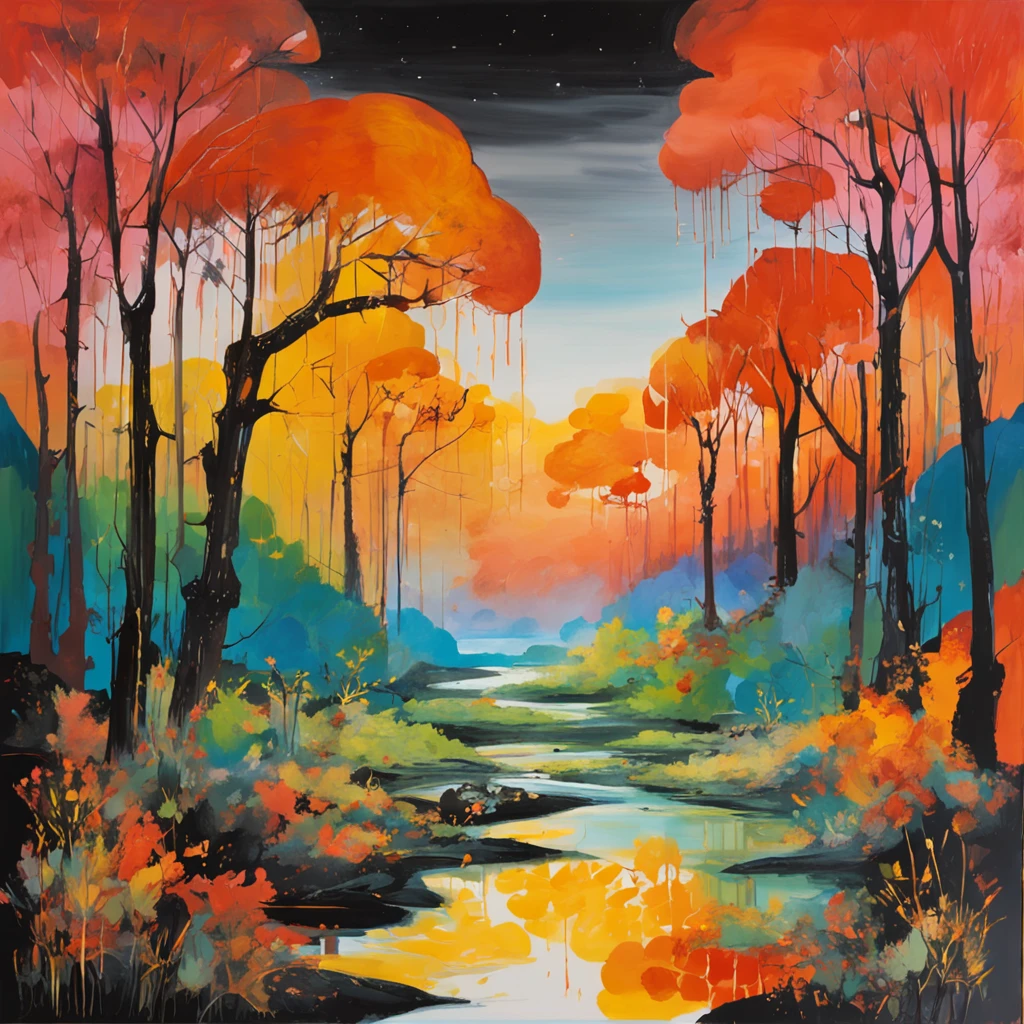 Intricate painting details of Japanese forests, By range Murata, galaxy in background, Clouds, vivd colour, High contrast, Mountain, vector line art, orange highlights, trending in pixiv, anime concept art, Stick, Mattire, high high quality, Edge to edge, Sanskrit