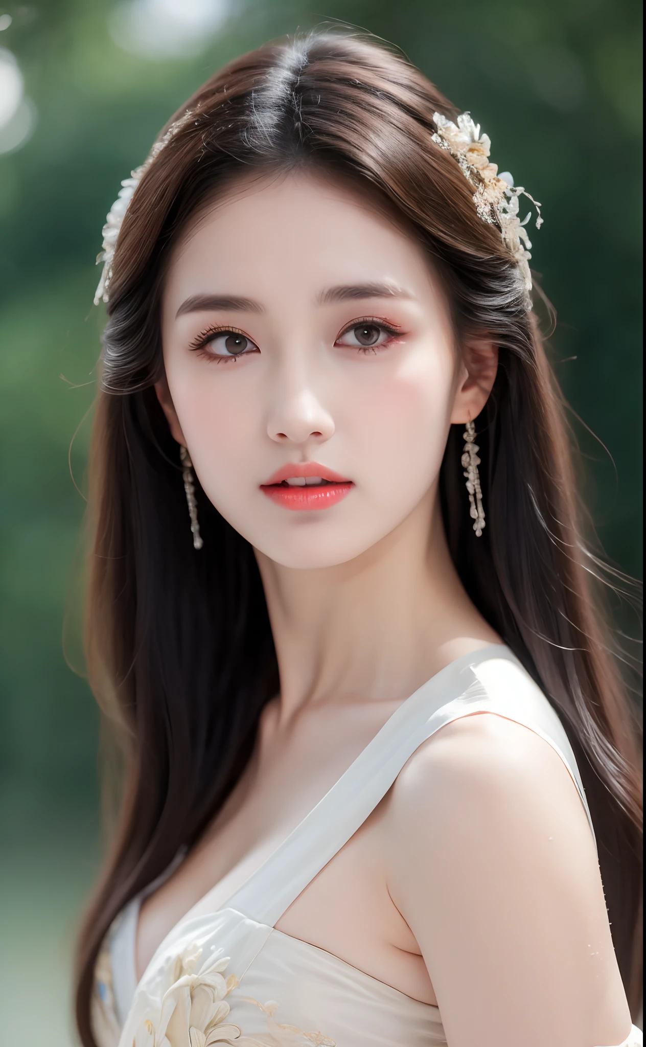 ((Best Quality, 8k, Masterpiece: 1.3)), Focus: 1.2, Perfect Body Beauty: 1.4, Buttocks: 1.2, ((Layered Haircut)), (Wet Clothes: 1.1), (Rain, Street:1.3), (Breasts: 1.2), (Hanfu: 1.2), Bare Shoulders, Bare Legs, Highly Detailed Face and Skin Texture, Fine Eyes, Double Eyelids, Whitened Skin, Long Hair, (Shut Up: 1.5), (Bokeh Background: 1.5), Big Breasts