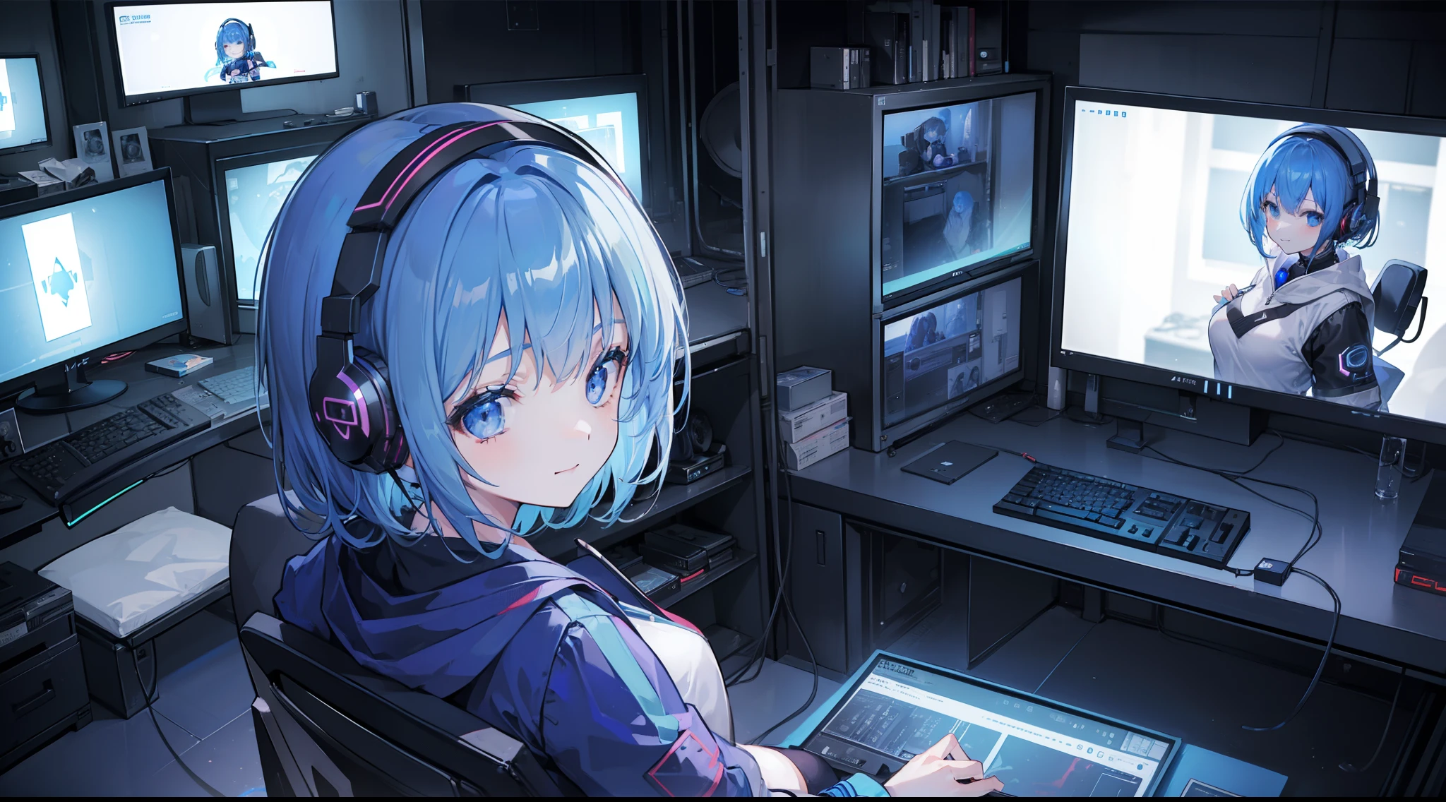 ((1girl in)),Home、darkened room、(((1 large monitor)))、Girl operating a gaming computer、From the back、(((From  above、high-angle)))、Turned、Look at viewers、A smile、Blue-haired、short-hair、headphones、Gaming Chair、Cyber-inspired costumes