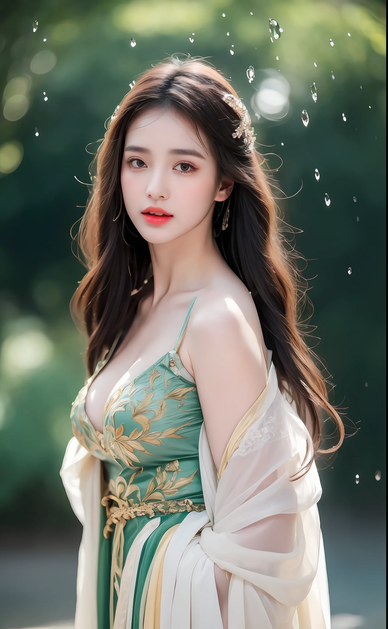 ((Best Quality, 8k, Masterpiece: 1.3)), Focus: 1.2, Perfect Body Beauty: 1.4, Buttocks: 1.2, ((Layered Haircut)), (Wet Clothes: 1.1), (Rain, Street:1.3), (Breasts: 1.2), (Hanfu: 1.2), Bare Shoulders, Bare Legs, Highly Detailed Face and Skin Texture, Fine Eyes, Double Eyelids, Whitened Skin, Long Hair, (Shut Up: 1.5), (Bokeh Background: 1.5), Big Breasts