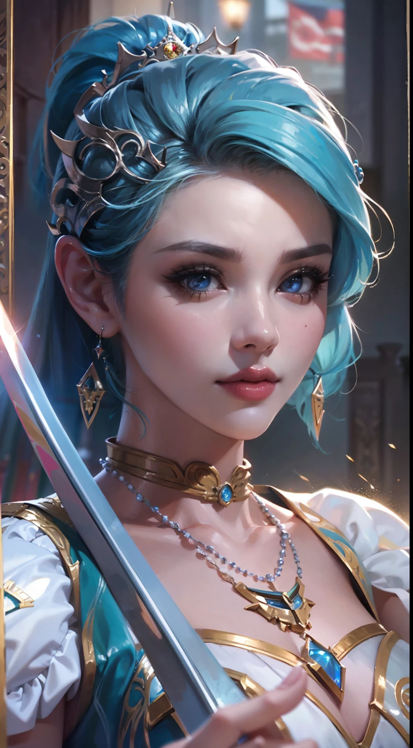 a close up of a woman with blue hair and a sword, concept art inspired by Lü Ji, trending on cg society, fantasy art, game cg, a beautiful fantasy empress, alluring princess knight, cinematic goddess close shot, portrait knights of zodiac girl, extremely detailed goddess shot, cinematic goddess shot, ((a beautiful fantasy empress)), biblical female, best quality, masterpiece, high_res, 1girl, hair ornament, necklace, jewelry, Beautiful face, photo realistic, rim lighting, (high detailed skin:1.2), 8k uhd, dslr, soft lighting, high quality, volumetric lighting, candid, Photograph, high resolution, 4k, 8k, medium breasts, absurdres, ponytail contorted, best ratio four finger and one thumb, (Rosy Zhao 赵露思:0.9),