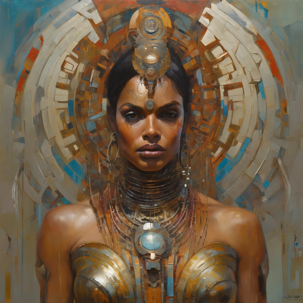 futuristic indigenous futurism,actress priyanka chopra as An advanced cybernetic cyborg indian Hindu goddesses of war, sensuality,artistic details,cyberpunk hindu mythology,epic sci-fi fantasy, centered,in the style of Nick Alm fantastical futuristic fantasy compositions, dark prism, dark, metallic compositions, symmetrical arrangements, cybernetic ethereal iridescent metallic colors , distinctive noses, ethereal,blood splatter colorful, eye-catching metallic compositions, symmetrical geometry, distinctive noses, gothic references, with a bold lines and streaks of black,white,red, gold and silver, fantasy sci-fi art, a detailed painting, ,Alex Alemany merge Karol Bak