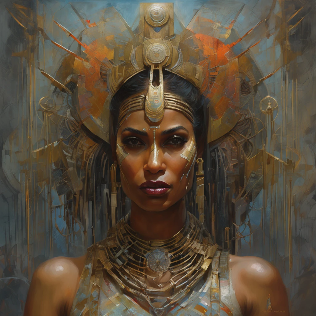 futuristic indigenous futurism,actress priyanka chopra as An advanced cybernetic cyborg indian Hindu goddesses of war, sensuality,artistic details,cyberpunk hindu mythology,epic sci-fi fantasy, centered,in the style of Nick Alm fantastical futuristic fantasy compositions, dark prism, dark, metallic compositions, symmetrical arrangements, cybernetic ethereal iridescent metallic colors , distinctive noses, ethereal,blood splatter colorful, eye-catching metallic compositions, symmetrical geometry, distinctive noses, gothic references, with a bold lines and streaks of black,white,red, gold and silver, fantasy sci-fi art, a detailed painting, ,Alex Alemany merge Karol Bak