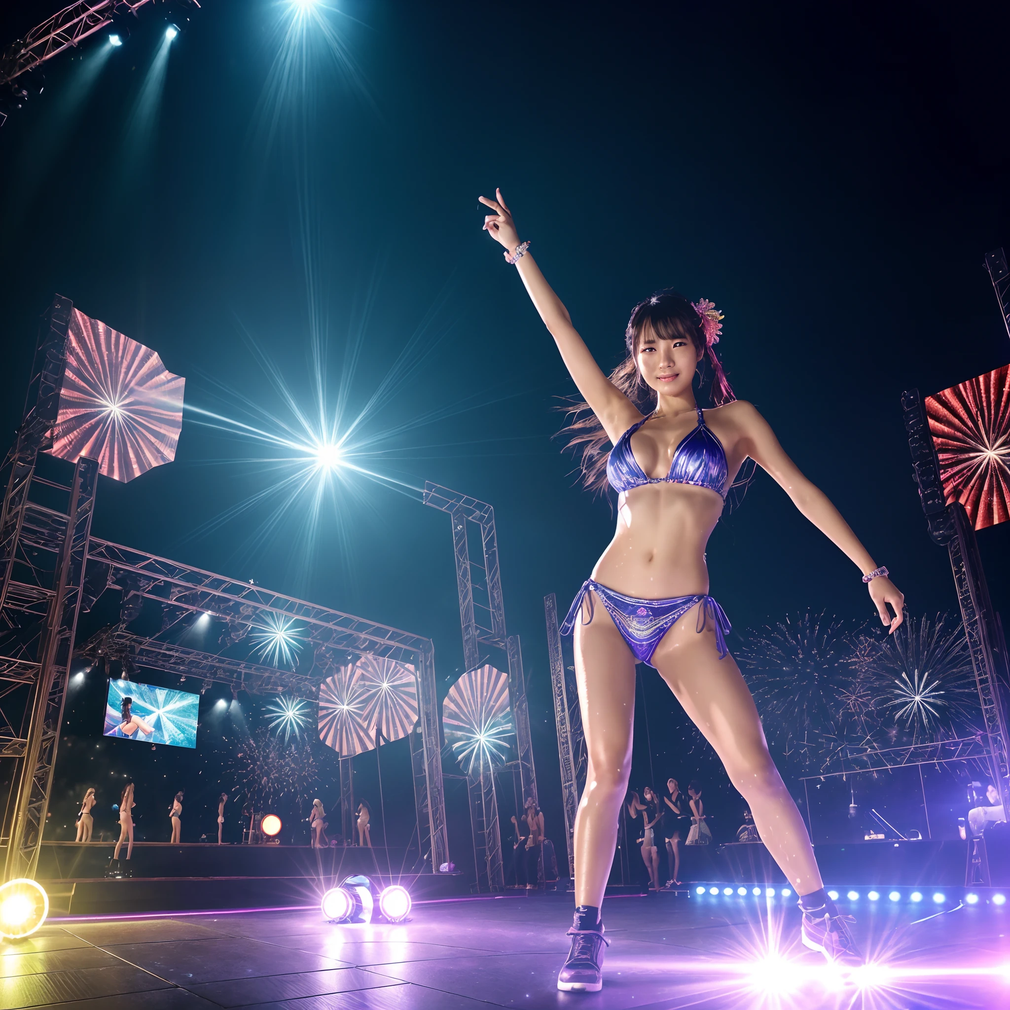 (in 8K、top-quality、超A high resolution、​masterpiece:1.2)、(Photorealsitic:1.4)、(detailed skins:1.3)、18 year old beautiful Japan girl dancing sexy dance、(Detail Eye) 、1人、(Outdoor Rave Festival at Night)、(Background of many fireworks)、(The bikini)、(Sweaty skin:1.25)、long hair of bright colors、a smile、LED Screen Monitor、stage lighrt、Lit up、Stage lighting、laser beam、festival、Lens flare and high resolution texture GPT-3.5、Elaborate CG、cowboy  shot、dynamic ungle、beautiful  lighting、lighting like a movie、prisma、kirakira、(foco nítido)