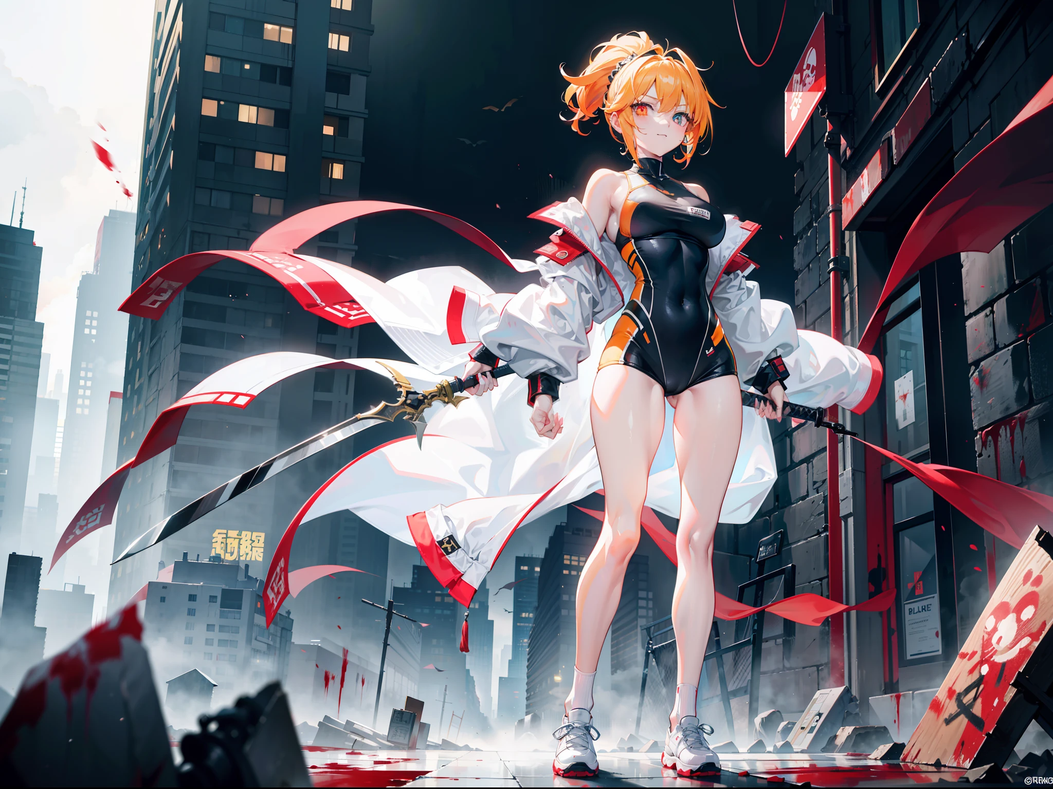 Beautiful girl with orange-yellow hair color，curlies，High ponytail，short detailed hair，Wears an antique white one-piece long-sleeved training suit，A knife hidden in his clothes，open waist，Long white socks，leather shoes，assassins，Sunny smile，Tall and tall，Standing in the dark city of the night, full of corpses and blood，dark stormy clouds，China-style，huge tit，抖S，Full body photo，Extremely thin，extremely hyper，Long white socks，assassins，The legs are very thin，Best quality at best，High- sharpness，tmasterpiece，A sword stained with blood in his hand，His body was covered in blood，Sick，Heterochromic pupils，morbid，murderer，extremely hyper，His body was covered in blood，The chest is extremely large，Thin body，Wears an antique white one-piece long-sleeved training suit，open waist，White training clothes，assassins，Standing in the dark city of the night, full of blood，white  clothes，blood vess，with thin legs，Heterochromic pupils，The legs are extremely long