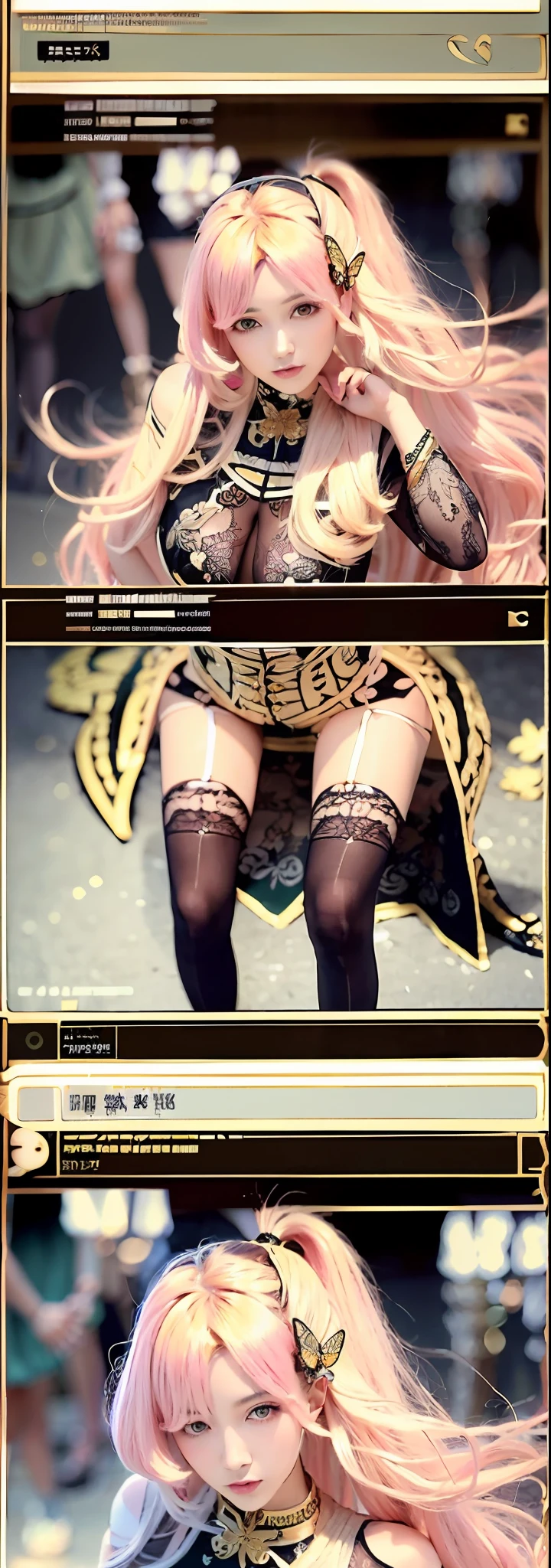 model poses,Pink hair beauty,Long hair shawl,Lower ponytail,Charming eyes,The skin is delicate,Bigchest,Yellow Uniform,Black stockings are depicted in great detail,Golden butterfly ornaments are elaborately depicted on the long legs,Ultra HD close-up,high-heels,softlighting,the street