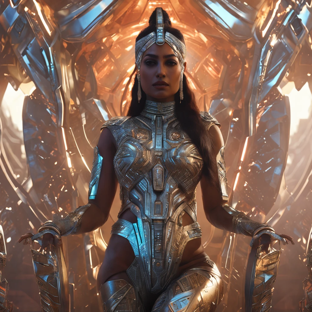 futuristic indigenous futurism,actress priyanka chopra as An advanced cybernetic cyborg indian Hindu goddesses of war, sensuality,artistic details,cyberpunk hindu mythology,epic sci-fi fantasy, centered,in the style of Nick Alm fantastical futuristic fantasy compositions, dark prism, dark, metallic compositions, symmetrical arrangements, iridescent metallic colors , distinctive noses, ethereal,blood splatter colorful, eye-catching metallic compositions, symmetrical geometry, distinctive noses, gothic references, with a bold lines and streaks of black,white,red, gold and silver, fantasy sci-fi art, a detailed painting, ,Alex Alemany merge Karol Bak