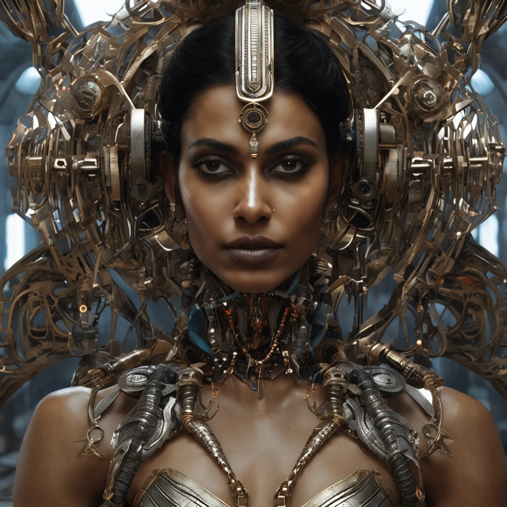 futuristic indigenous futurism,actress priyanka chopra as An advanced cybernetic cyborg indian Hindu goddesses of war, sensuality,artistic details,cyberpunk hindu mythology,epic sci-fi fantasy, centered,in the style of Nick Alm fantastical futuristic fantasy compositions, dark prism, dark, metallic compositions, symmetrical arrangements, iridescent metallic colors , distinctive noses, ethereal,blood splatter colorful, eye-catching metallic compositions, symmetrical geometry, distinctive noses, gothic references, with a bold lines and streaks of black,white,red, gold and silver, fantasy sci-fi art, a detailed painting, ,Alex Alemany merge Karol Bak