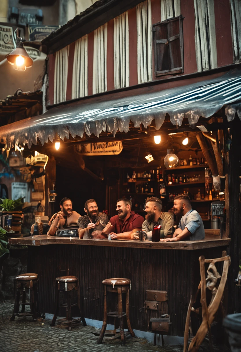 Um grupo de amigos se divertindo em uma barbearia, sentados em cadeiras de espera de madeira rustica, conversando e tomando bebidas.