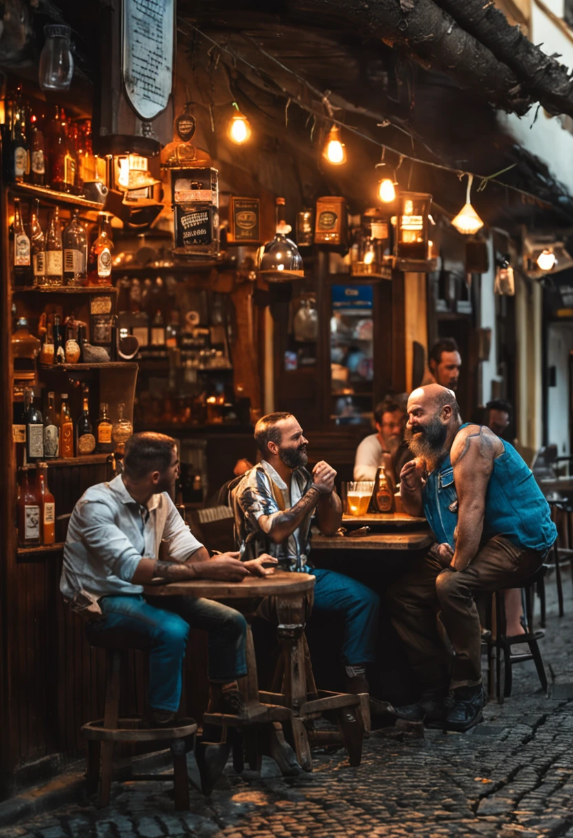 Um grupo de amigos se divertindo em uma barbearia, sentados em cadeiras de espera de madeira rustica, conversando e tomando bebidas.