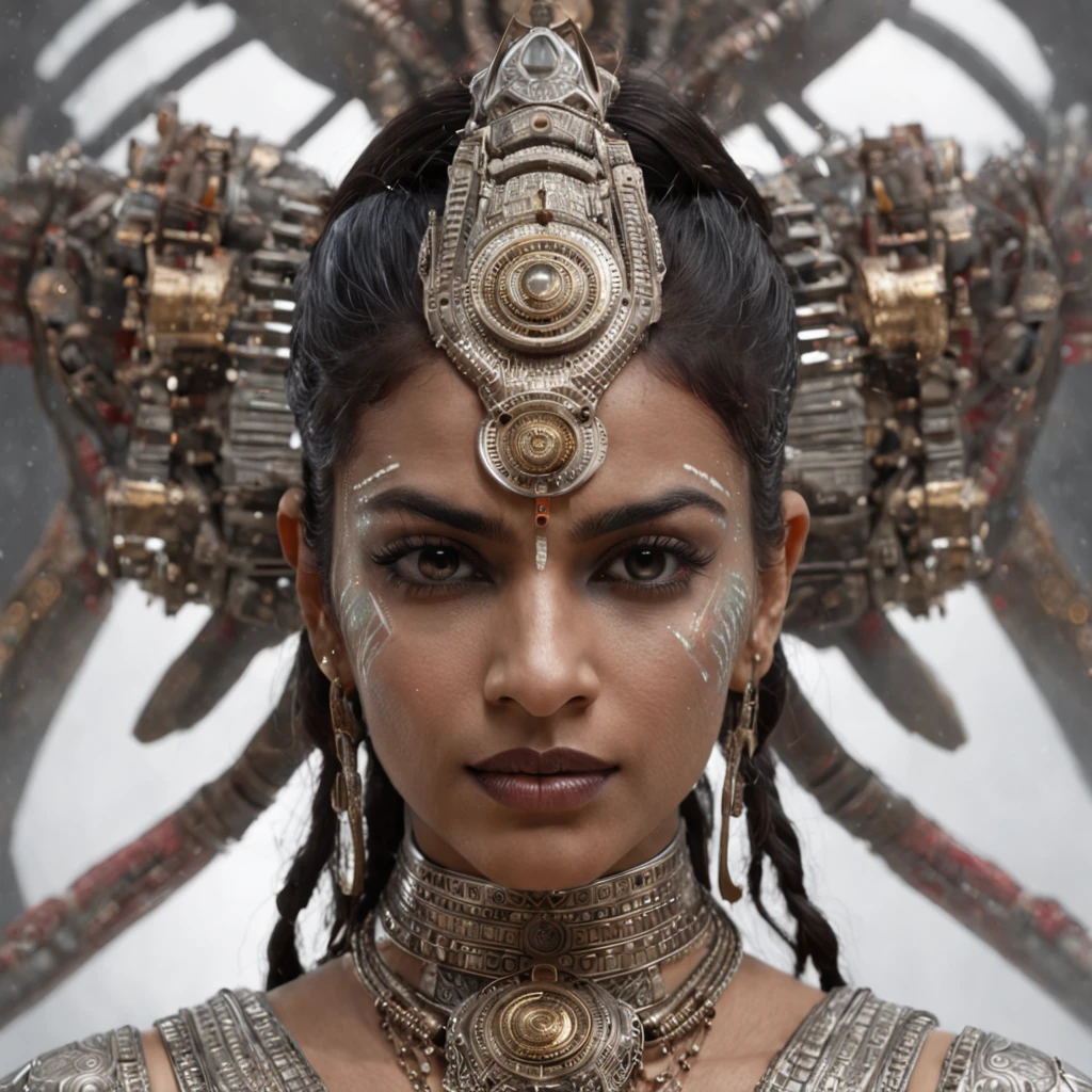 futuristic indigenous futurism,actress priyanka chopra as An advanced cybernetic cyborg indian Hindu goddesses of war, sensuality,artistic details,cyberpunk hindu mythology,epic sci-fi fantasy, centered,in the style of Nick Alm fantastical futuristic fantasy compositions, dark prism, dark, metallic compositions, symmetrical arrangements, iridescent metallic colors , distinctive noses, ethereal,blood splatter colorful, eye-catching metallic compositions, symmetrical geometry, distinctive noses, gothic references, with a bold lines and streaks of black,white,red, gold and silver, fantasy sci-fi art, a detailed painting, ,Alex Alemany merge Karol Bak