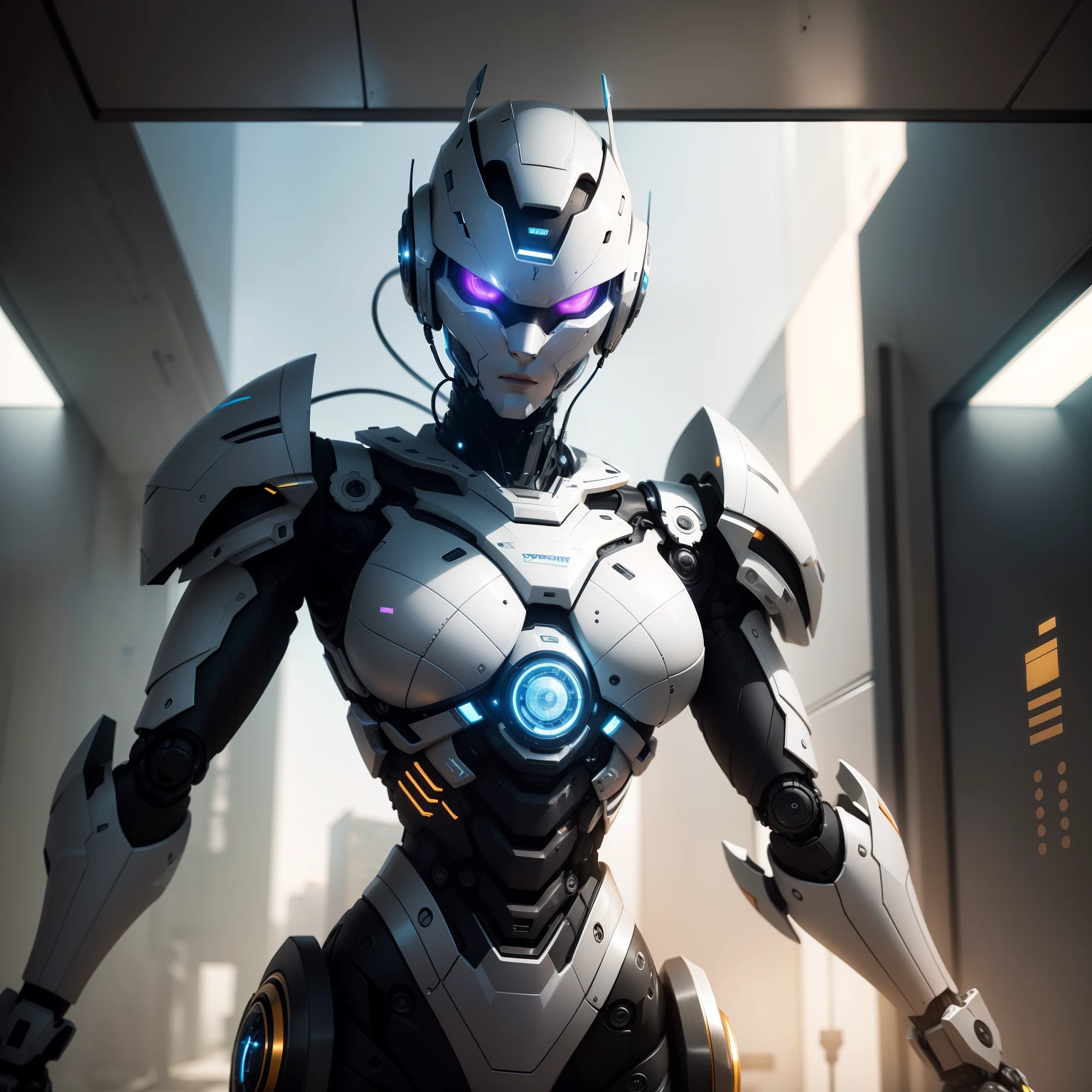 "Robot with an amazing look in a detailed and realistic environment. detalhes impressionantes, qualidade excepcional. Show the strength and elegance of this modern robot in a dynamic and exciting scene. Destaque os detalhes do seu design futurista, with metallic tones and bright lights. Surprise with a balanced composition and an interesting angle. Show your skill in creating this masterpiece of robotic art.+"