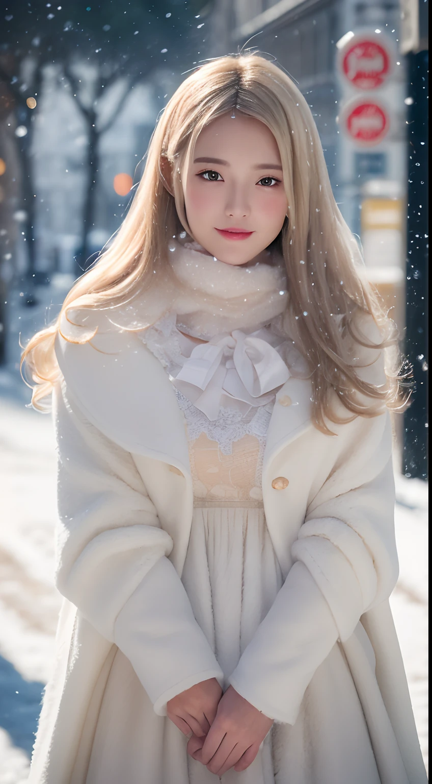 ((best qualtiy, 8K, tmasterpiece:1.3)), Focus:1.2, perfect figure beautiful woman:1.4, Cocked buttocks:1.2, ((long whitr hair)), (Wool cloak:1.1) , (Falling snow, street,stop,copse,snow cover:1.3),Lace aristocratic Lolita costume:1.1, Highly detailed facial and skin texture, A detailed eye, 二重まぶた,Whiten skin,ssmile,huge tit,Cinematic lighting,Detailed details,Real hair and skin,