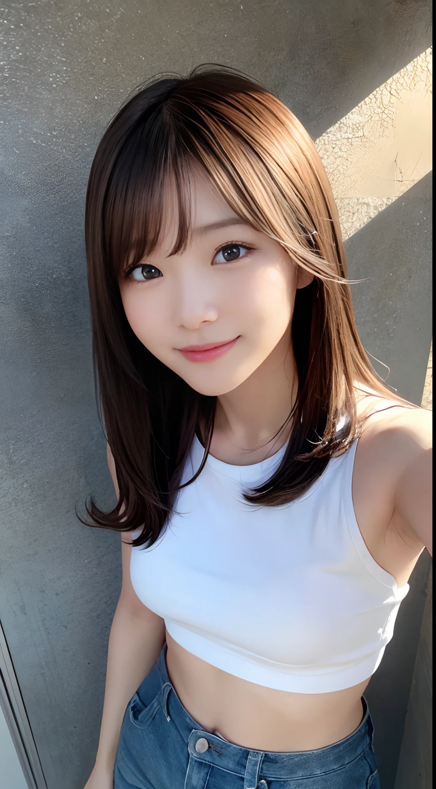 (Raw photography:1.2)、top-quality、Detailed beauty、Beautuful Women、The most beautiful women in the world、Beautiful sharp face、面長、21years old、A smile、Happy smile、light brown hair、fluffy and voluminous hair、extra detailed face、beatiful detailed eyes、eye line、Nasal nose、a small face、small tits、tiny chest、Natural sunlight、depth of fields、Blurry background、hight resolution、8k wallpaper、finely detail、Very detailed 8k wallpaper、灯光、sexy  pose、(photorealisim:1.4)、super detailing、​masterpiece、croptop、Small T-shirt、hotpants、shot from a side angle、Road by the sea、lean against the wall、