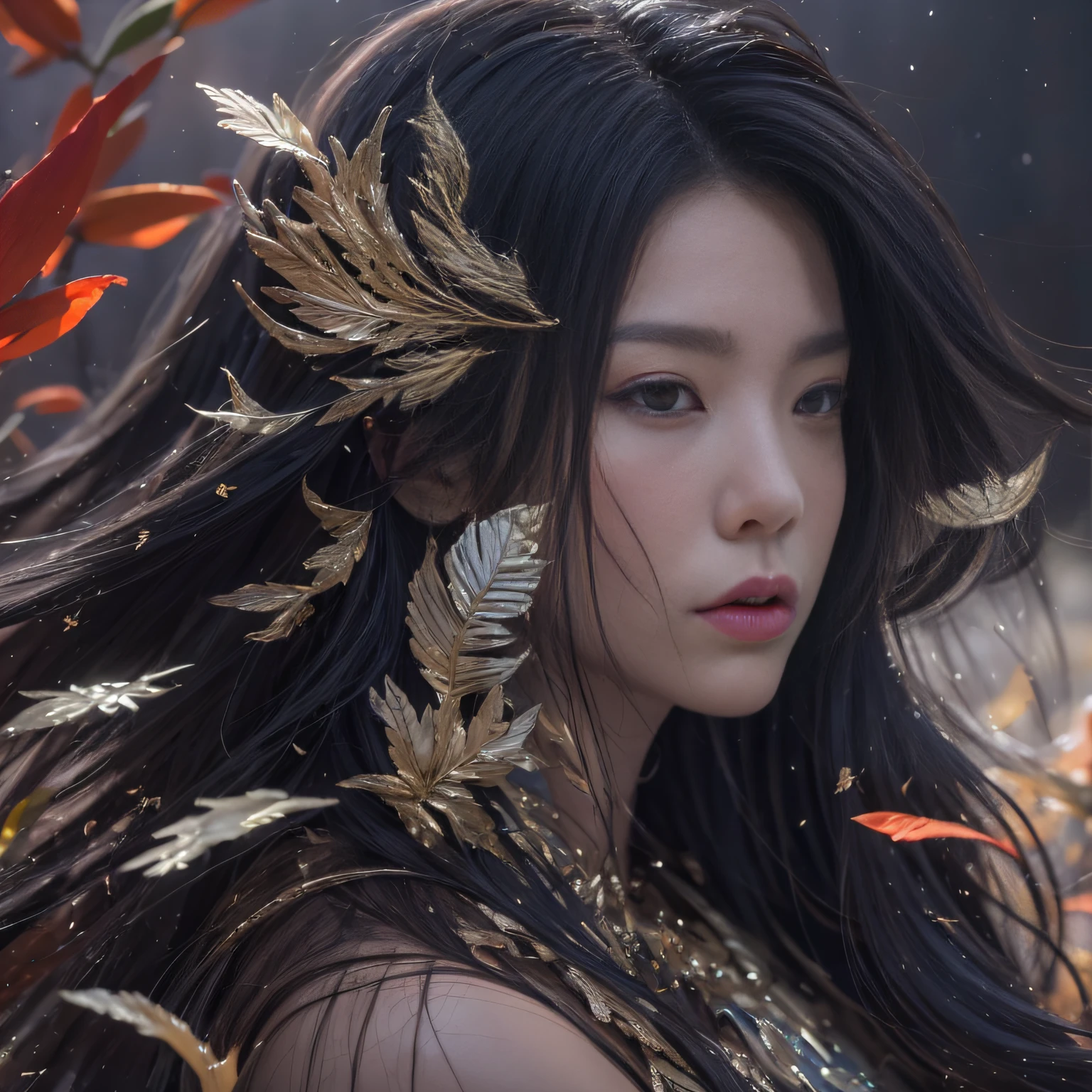 32K(tmasterpiece,k hd,hyper HD,32K)Long flowing black hair,ponds,zydink, a color, Asian people (Silly girl), (Silk scarf), Combat posture, looking at the ground, long whitr hair, Floating hair, Carp pattern headdress, Chinese long-sleeved clothing, (abstract ink splash:1.2), Pink petal background,Tulips flying(realisticlying:1.4),Black color hair,Fallen leaves flutter,The background is pure, A high resolution, the detail, RAW photogr, Sharp Re, Nikon D850 Film Stock Photo by Jefferies Lee 4 Kodak Portra 400 Camera F1.6 shots, Rich colors, ultra-realistic vivid textures, Dramatic lighting, Unreal Engine Art Station Trend, cinestir 800,Long flowing black hair