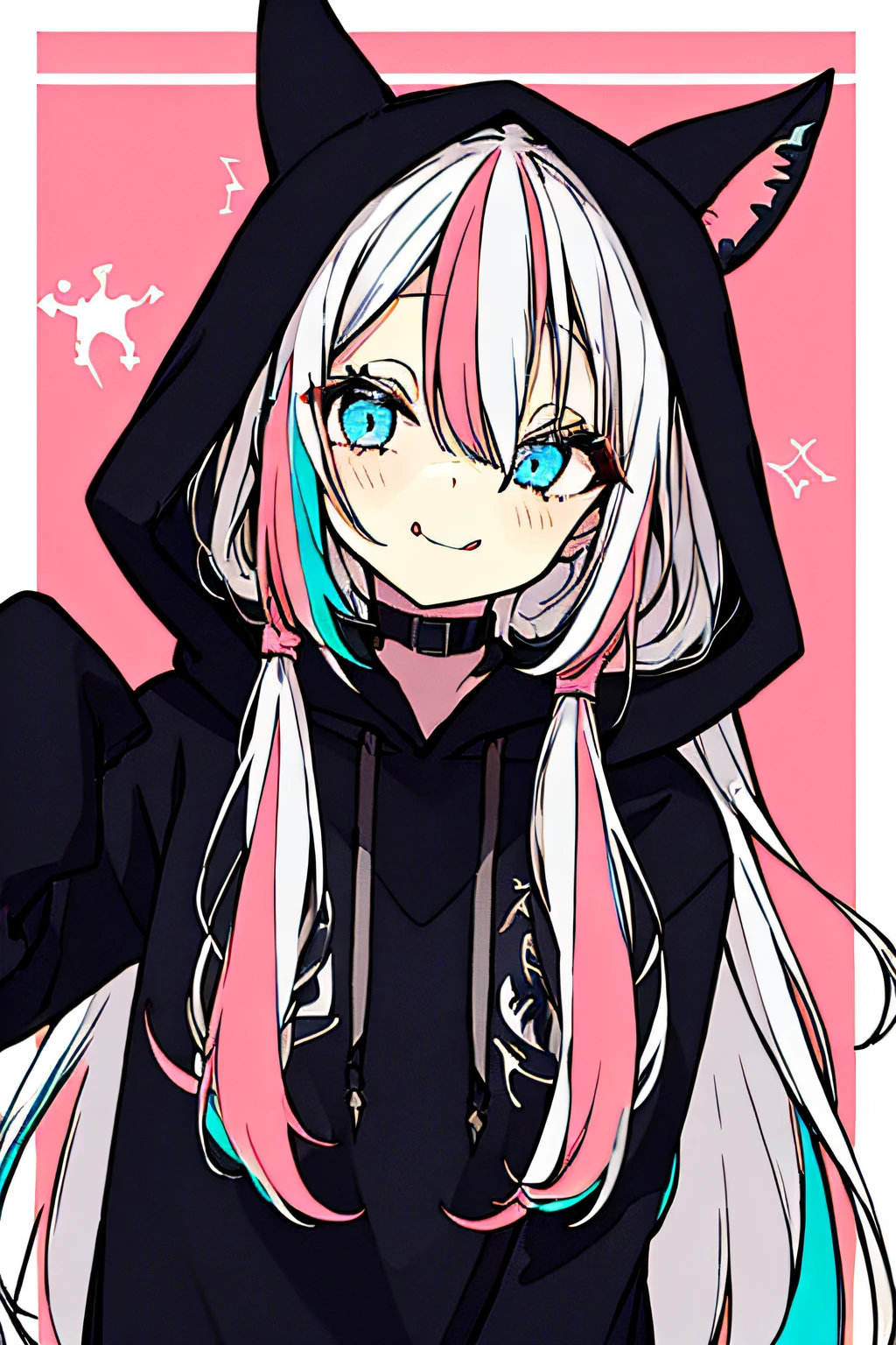 1girl, solo, hood, blue eyes, tongue, tongue out, long hair, long sleeves, bangs, hood up, black hoodie, arm up, upper body, multicolored hair, looking at viewer, white hair, hair between eyes, puffy long sleeves, hoodie, puffy sleeves, pink hair, drawstring, blush, closed mouth, :p, fake animal ears, virtual youtuber, sleeves past wrists, smile, horns, black jacket, jacket, two-tone hair