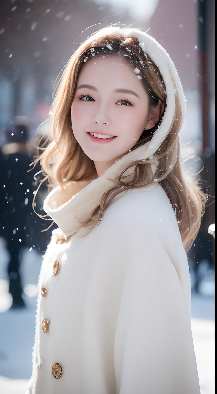 ((best qualtiy, 8K, tmasterpiece:1.3)), Focus:1.2, perfect figure beautiful woman:1.4, Cocked buttocks:1.2, ((long whitr hair)), (Wool cloak:1.1) , (Falling snow, street，stop，copse，snow cover:1.3),Lace aristocratic ta costume:1.1, Highly detailed facial and skin texture, A detailed eye, 二重まぶた，Whiten skin，ssmile，huge tit，Cinematic lighting，Detailed details，Real hair and skin，