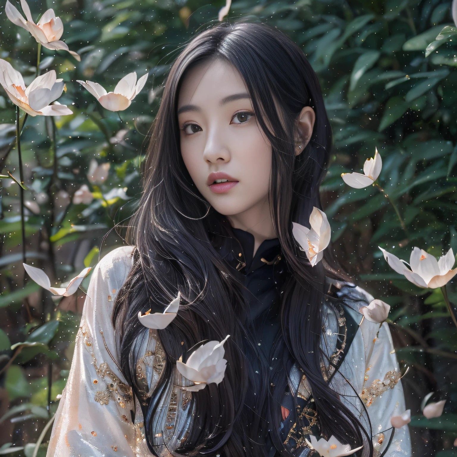 32K(tmasterpiece,k hd,hyper HD,32K)Long flowing black hair,ponds,zydink, a color, Asian people (Silly girl), (Silk scarf), Combat posture, looking at the ground, long whitr hair, Floating hair, Carp pattern headdress, Chinese bright purple long-sleeved outfit, (abstract ink splash:1.2),Yellow ginkgo biloba background,Pink and white lotus flowers fly(realisticlying:1.4),Black color hair,Fallen leaves flutter,The background is pure, A high resolution, the detail, RAW photogr, Sharp Re, Nikon D850 Film Stock Photo by Jefferies Lee 4 Kodak Portra 400 Camera F1.6 shots, Rich colors, ultra-realistic vivid textures, Dramatic lighting, Unreal Engine Art Station Trend, cinestir 800,Long flowing black hair