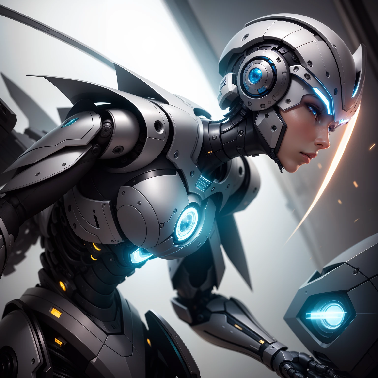 "Robot with an amazing look in a detailed and realistic environment. detalhes impressionantes, qualidade excepcional. Show the strength and elegance of this modern robot in a dynamic and exciting scene. Destaque os detalhes do seu design futurista, with metallic tones and bright lights. Surprise with a balanced composition and an interesting angle. Show your skill in creating this masterpiece of robotic art.+"