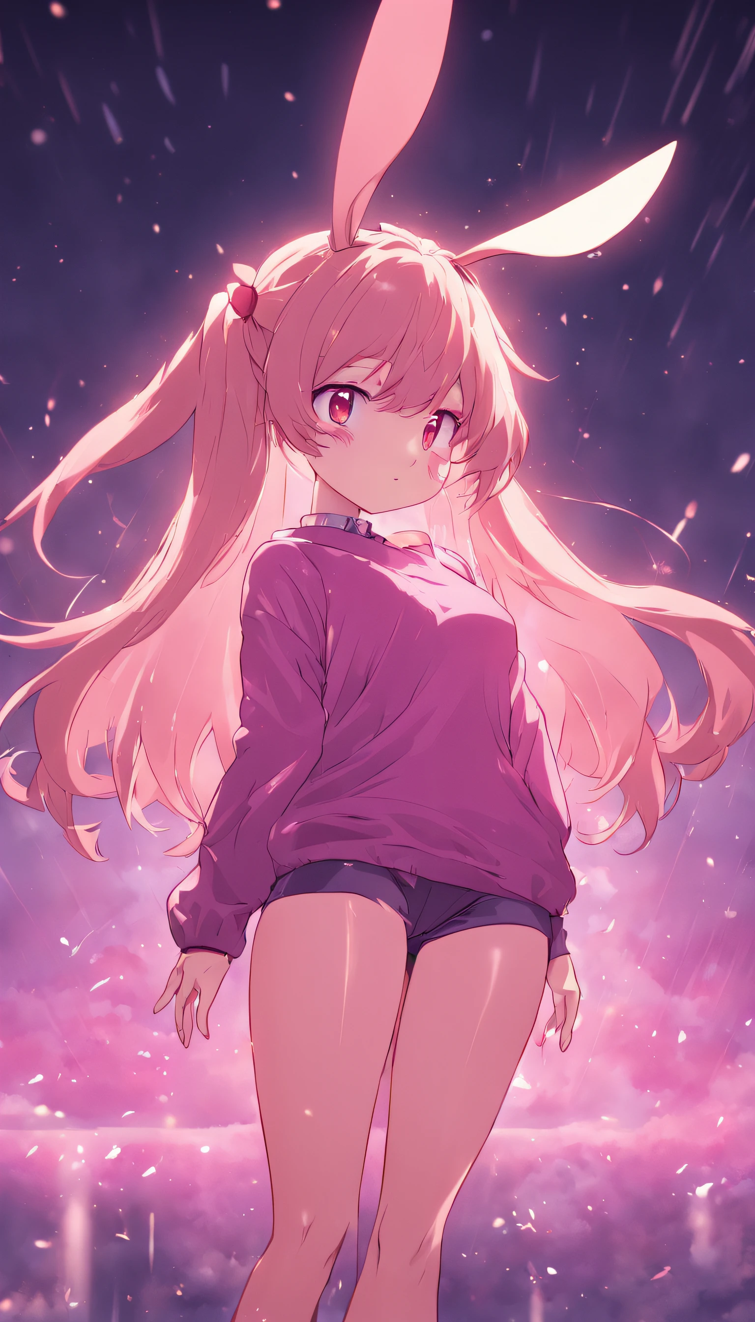 Pink bunny girl, thin waist, female body, big ass, long rabbit ears, tight shorts, purple sweater, character character, full body, multi-view